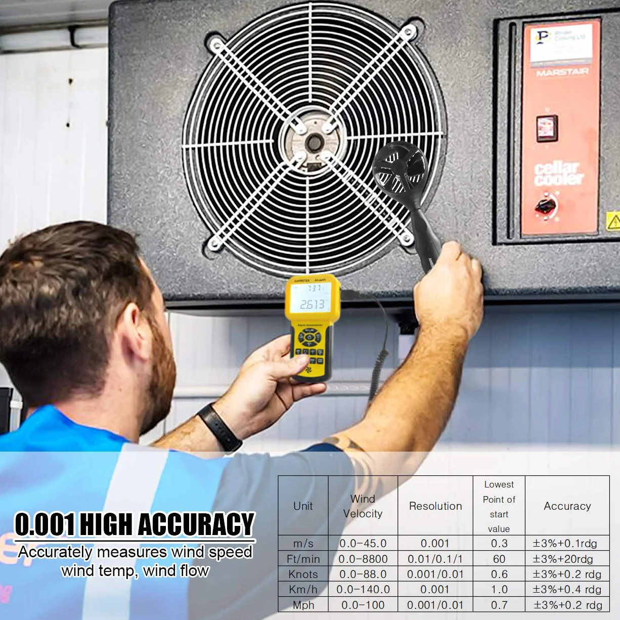 AIOMEST AI-846A Anemómetro Digital de Mano CFM Medidor de Velocidad del Viento con Max/Min/Avg Temperatura HVAC