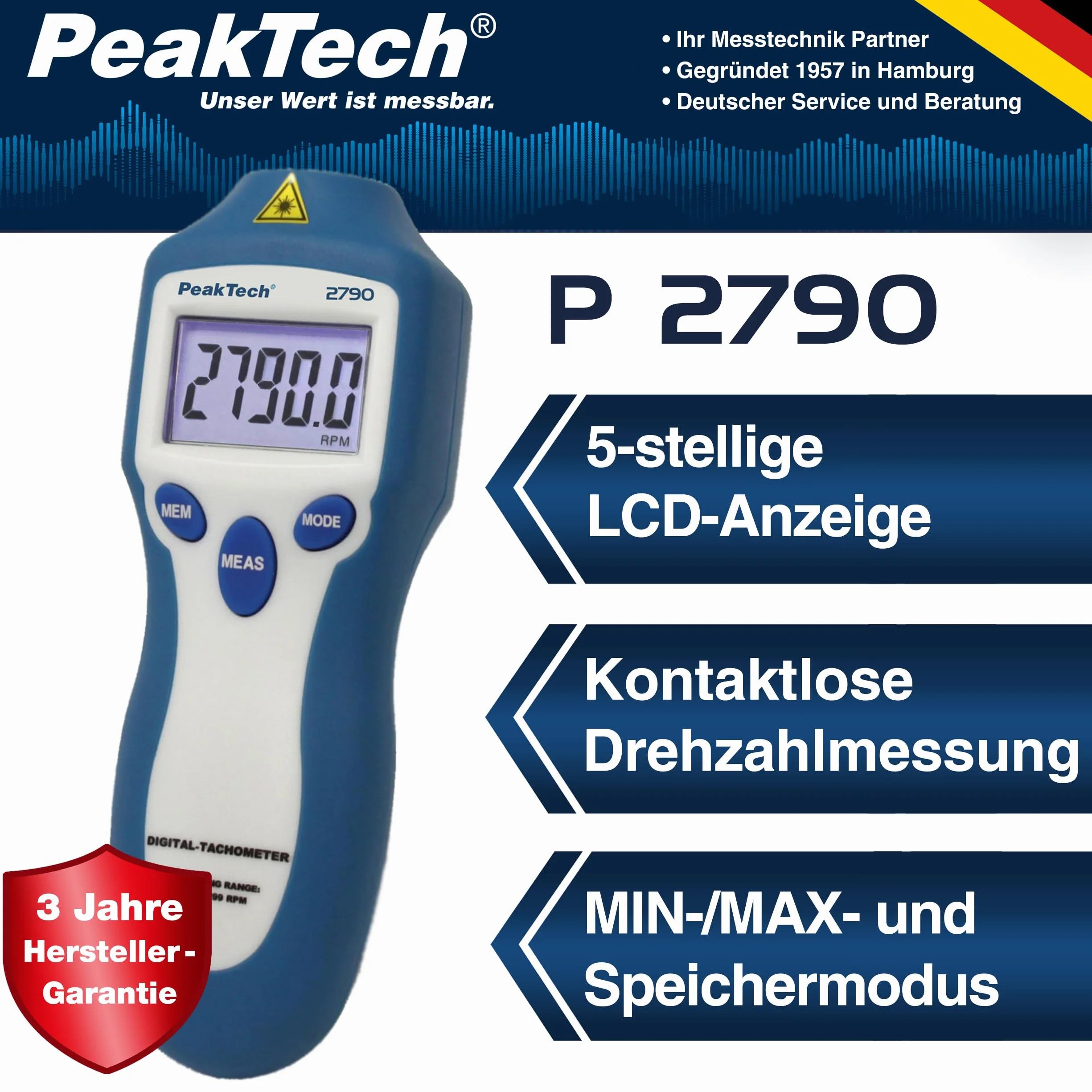 PeakTech 2790 Tacómetro cuentarrevoluciones 100.000 sin contacto 2 y 4 tiempos gasolina diesel