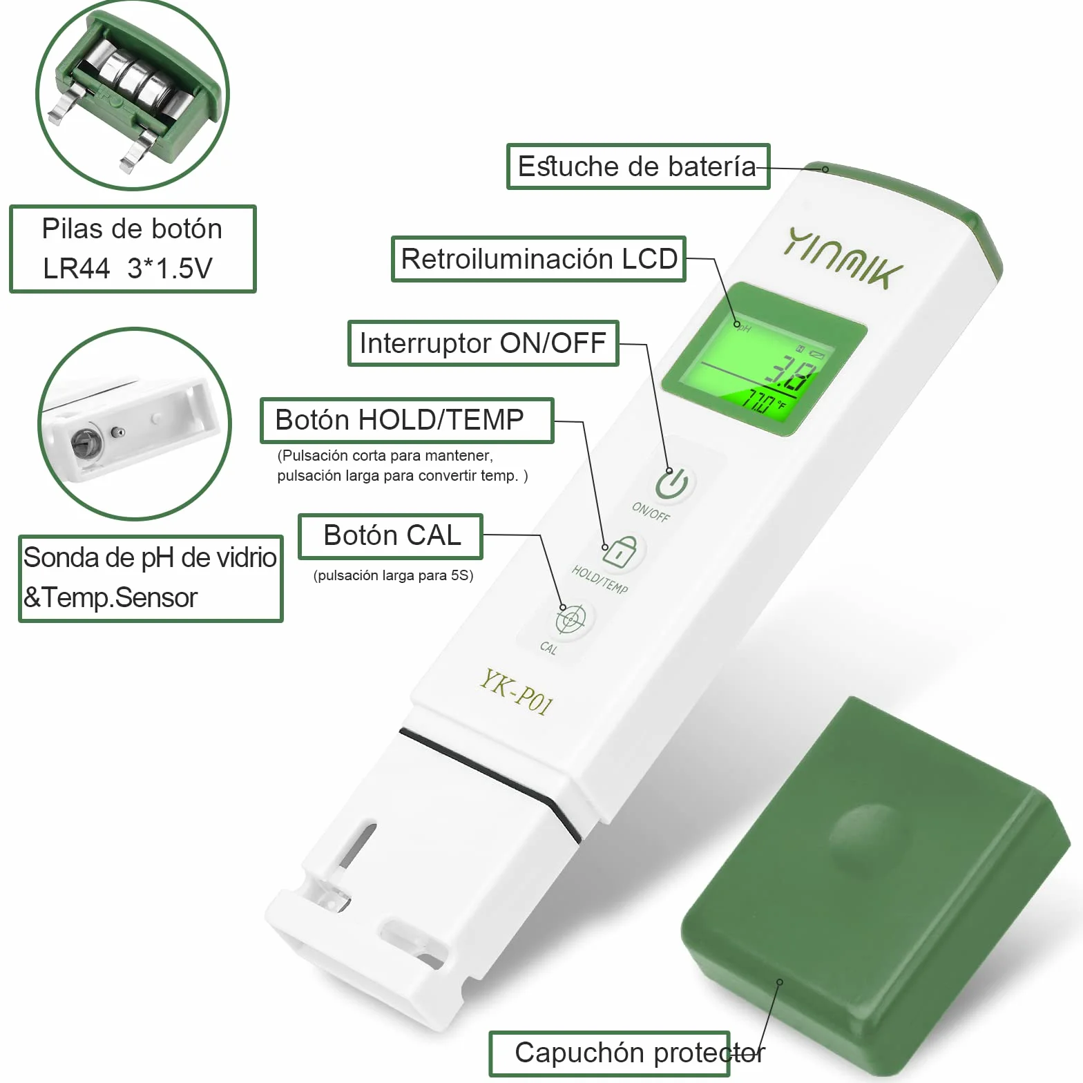 YINMIK Medidor pH y TDS Profesional 4 en 1 Digital Calidad del Agua con ATC