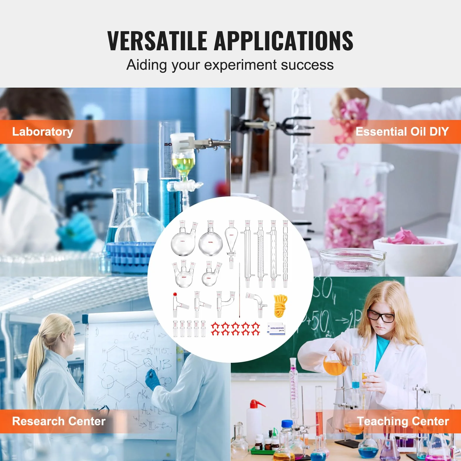 VEVOR Kit de destilación de vidrio de laboratorio 3.3 Boro 1000 ml 32 piezas con compuestos 24/40