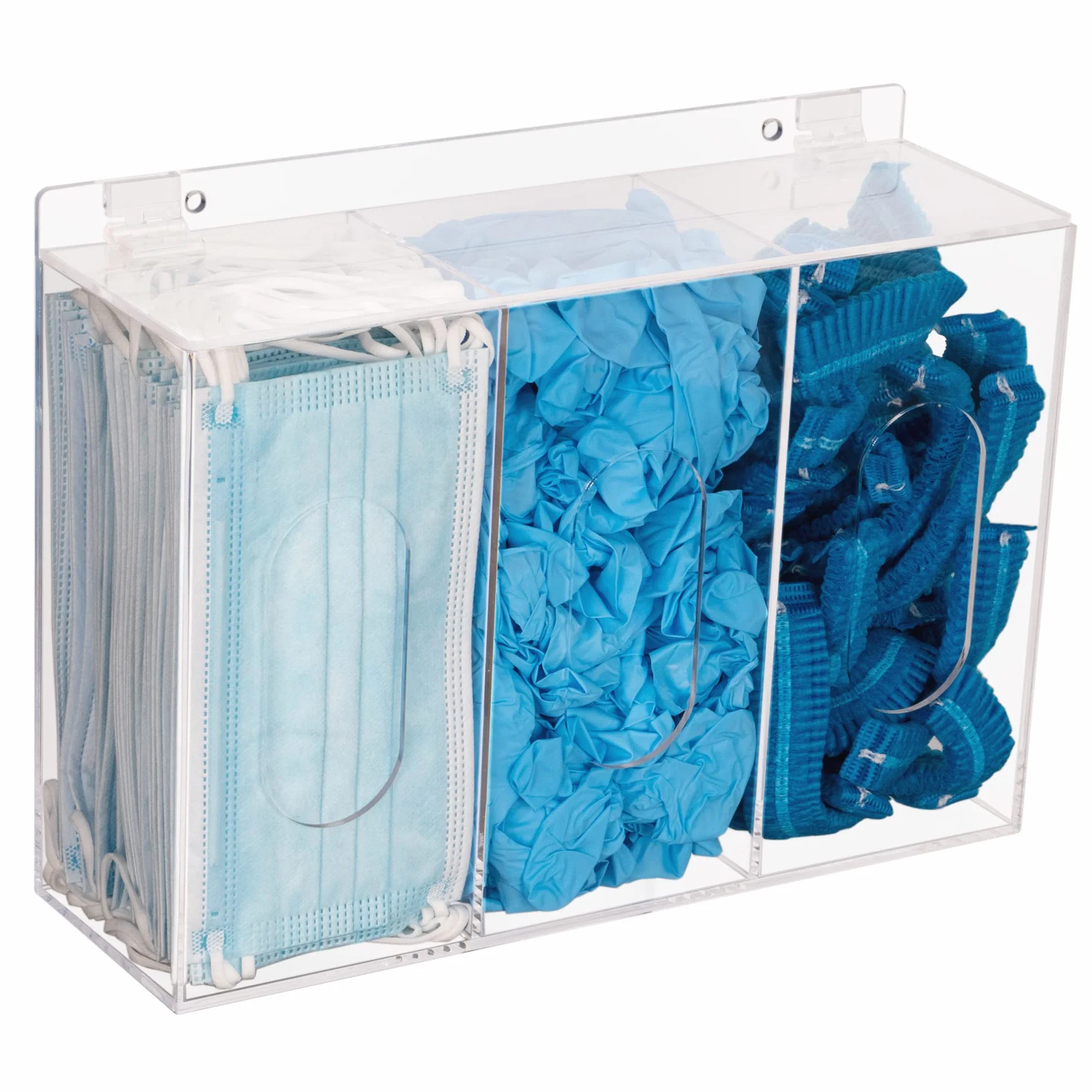 KOEMEHR 3 en 1 Dispensador de red para cabello y cubrezapatos, dispensador de mascarillas y guantes, soporte de pared acrílico