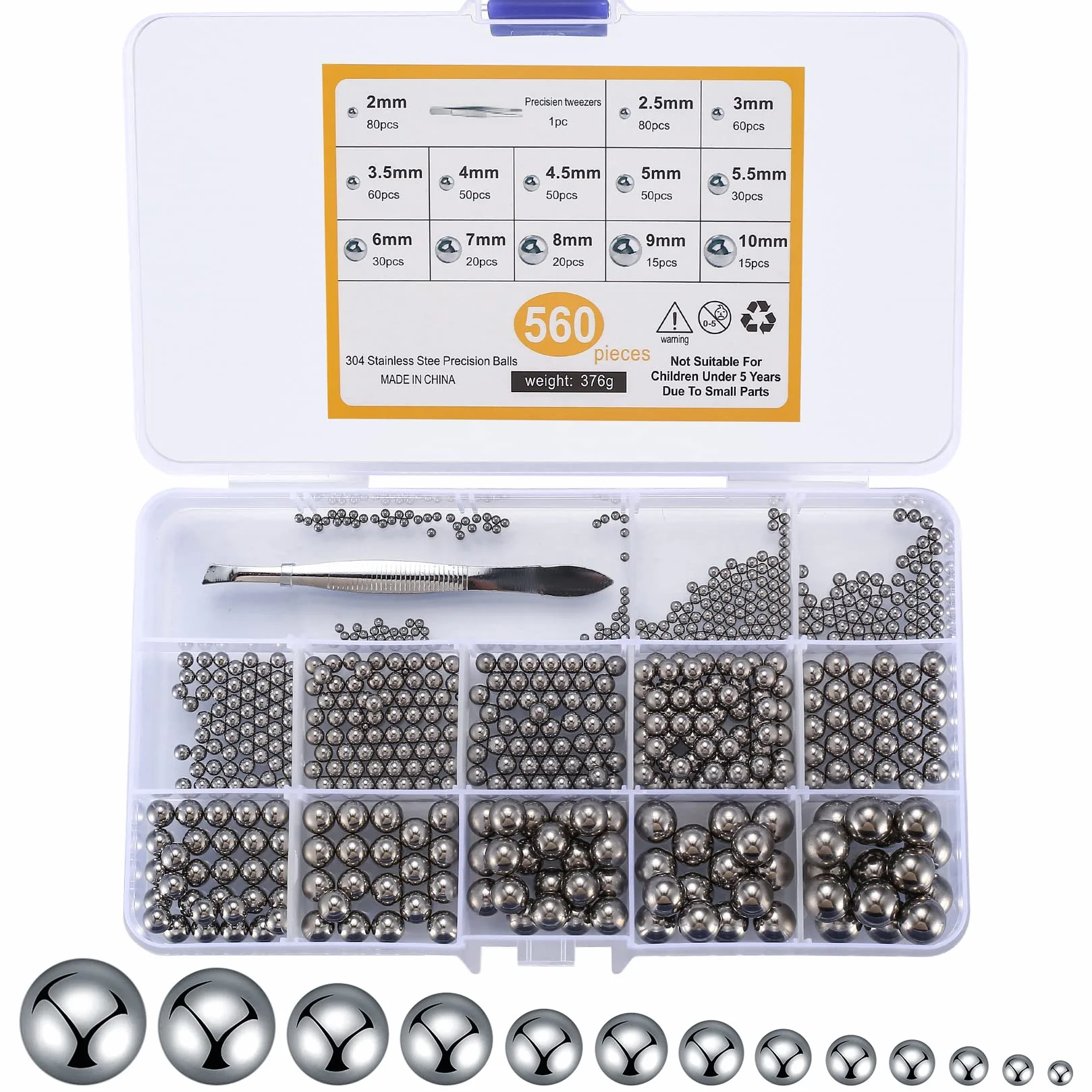 Bolas de Rodamiento de Acero Inoxidable 560 Pcs, Bola de Precisión Metálica 2-10 mm para Ruedas de Bicicleta y Rodamientos de Patineta