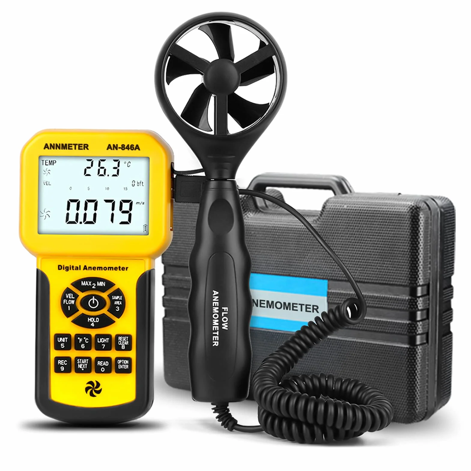 AIOMEST AI-846A Anemómetro Digital de Mano CFM Medidor de Velocidad del Viento con Max/Min/Avg Temperatura HVAC