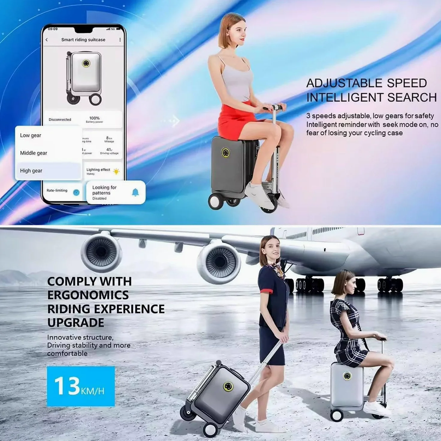 TYH Maleta De Mano Eléctrica para Montar, Patinete con Asa Telescópica, 2 Baterías, Control por App, Acceso Directo, Ajuste De 3 Velocidades, Batería Extraíble Y Puerto De Carga Externo.