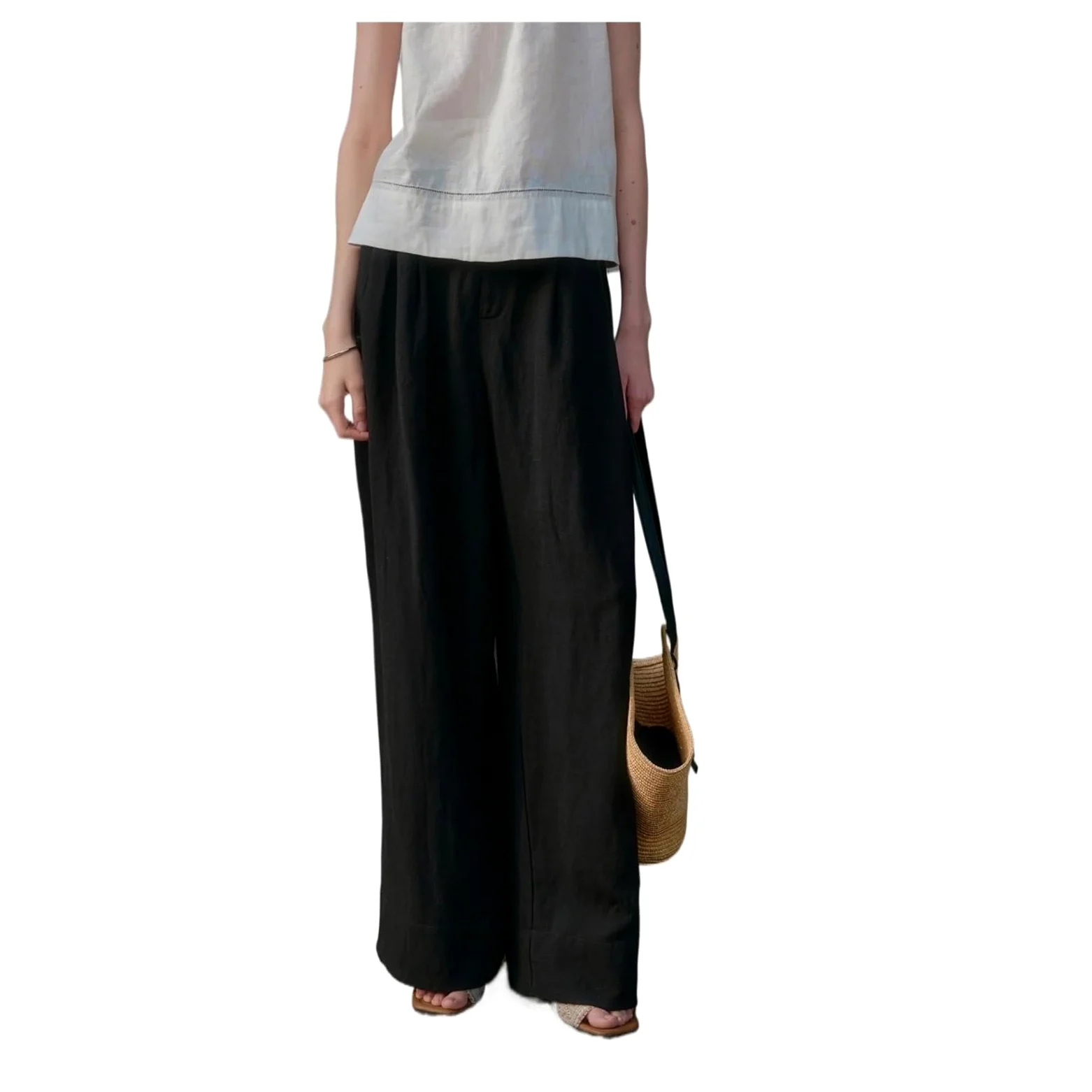 Pantalones Anchos de Lino Informales Sencillos for Mujer, Pantalones Verano Color Liso, Sueltos y Rectos, Ropa for