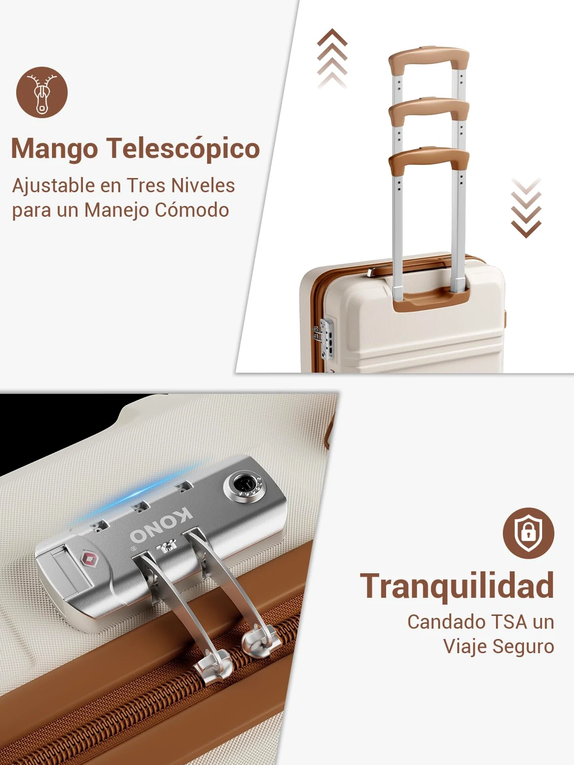 Kono Maletas de Viaje Grandes 23 Kilos, Maleta Grande 75 cm de ABS+PC con Textura Antiarayaduras, Maletas de Viaje con Cremalleras, Cerradura TSA, Femenina y Suave (Crema)