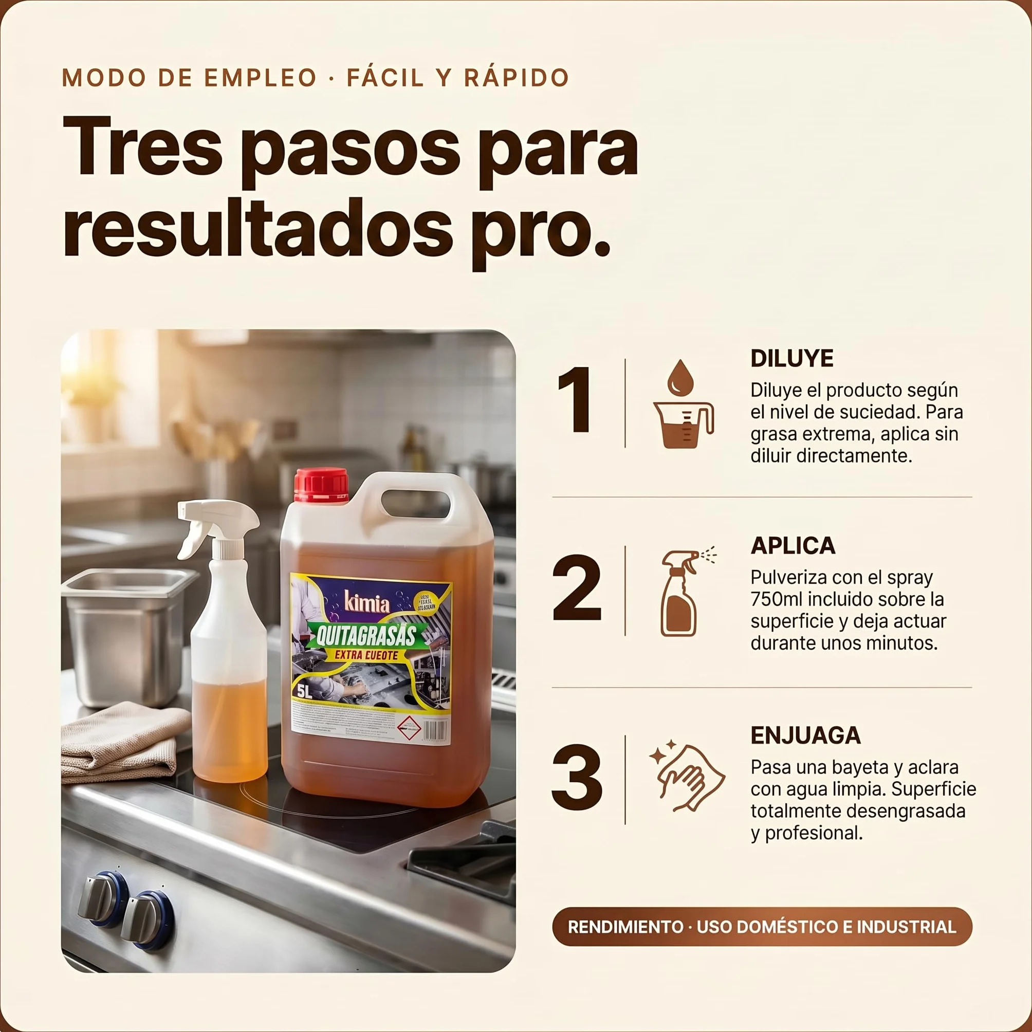 KIMIA Quita Grasas Extra Fuerte 5L + Pulverizador 750ml Desengrasante Concentrado Profesional