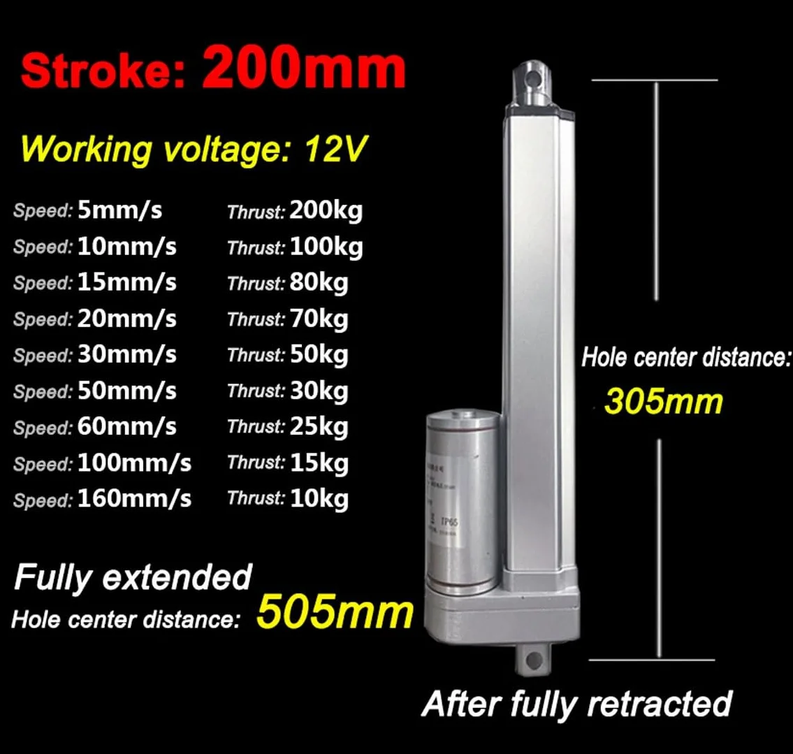 Actuador Lineal 12V 24V DC 2000N 200kg IP65 Carrera 50mm-900mm Impermeable
