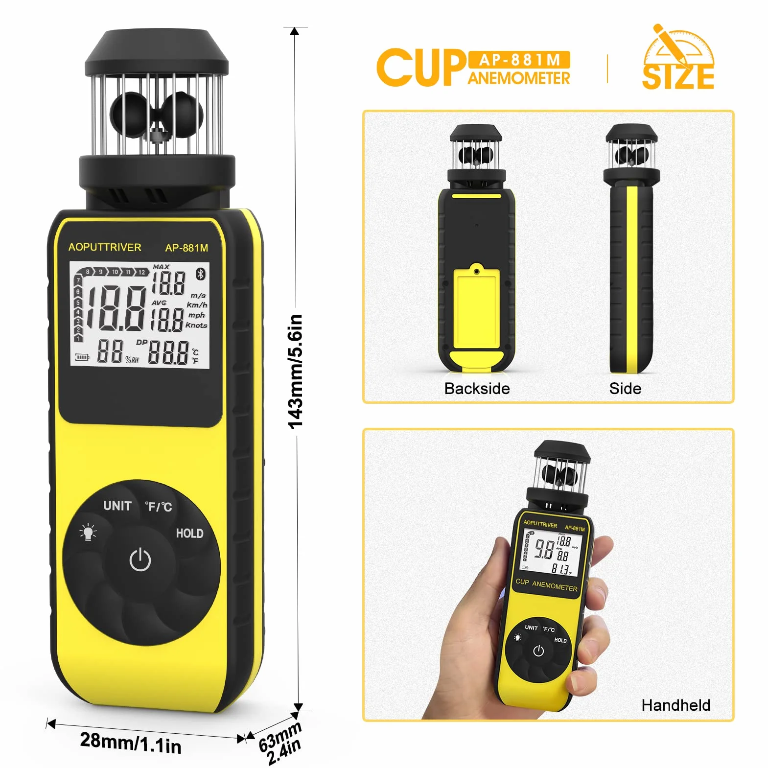 Anemómetro digital AP-881M Medidor de velocidad del viento portátil 360° Brújula