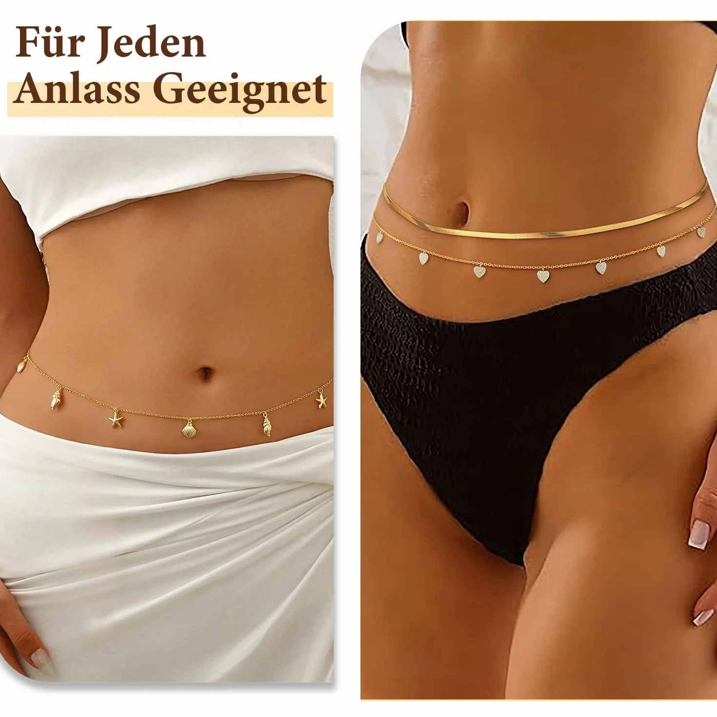 ZOERAY 2 cadenas de cintura doradas resistentes al agua con colgante chapado en oro de 18 quilates para mujer, cadena de cintura multicapa, cadena de cintura dorada, cadena ajustable para el cuerpo