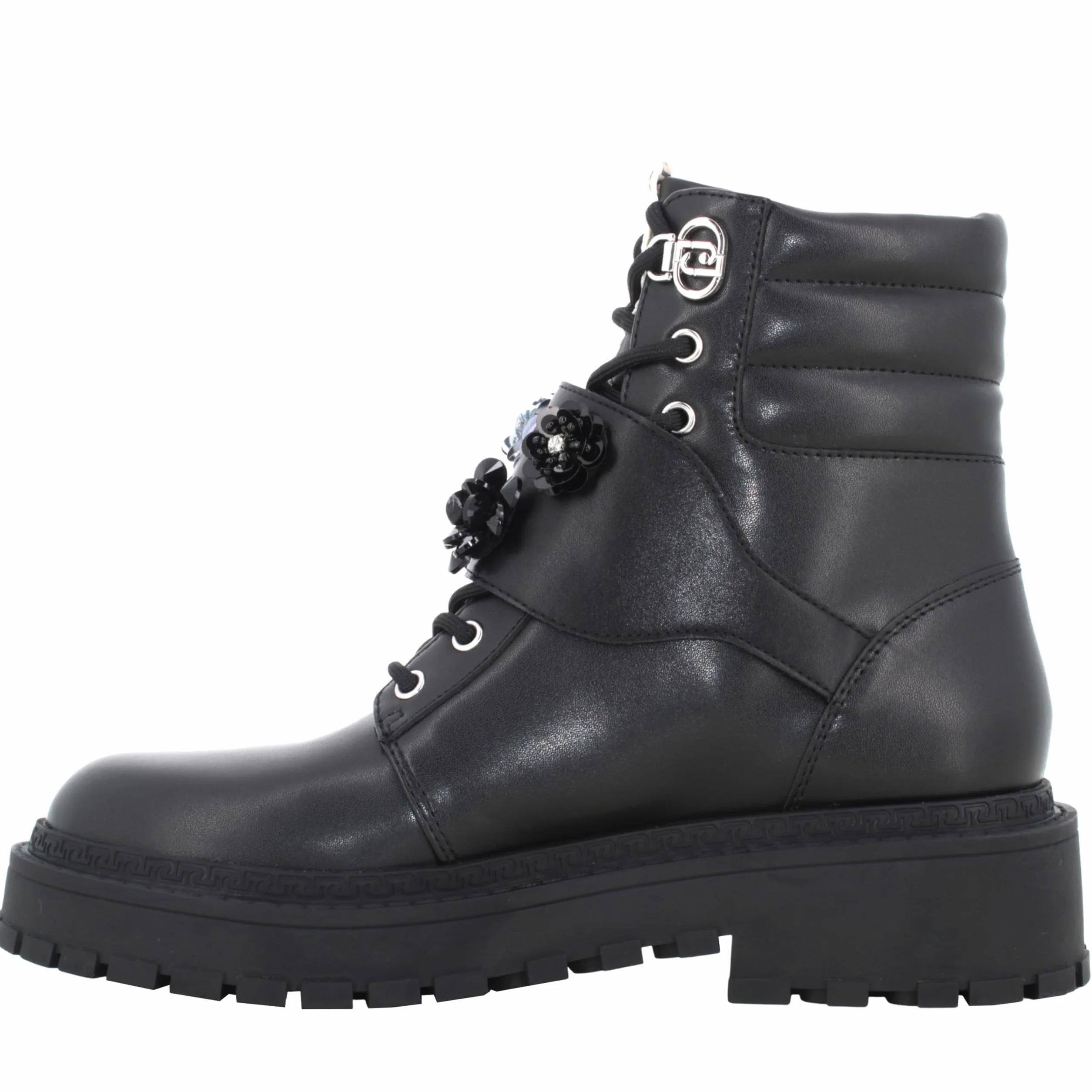 Liu Jo Botas Militares con Flores de Cristal, Negro, Cuero, Suela de Goma, Estilo Combat (Negro, Mediano, Sistema tallas calzado EU, Adulto, Números, mediano, 39)