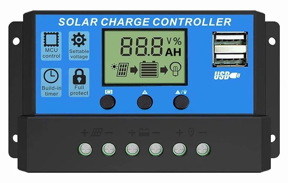 Controlador de Carga Solar PWM 30A 12V/24V Inteligente con Pantalla LCD y Puerto USB