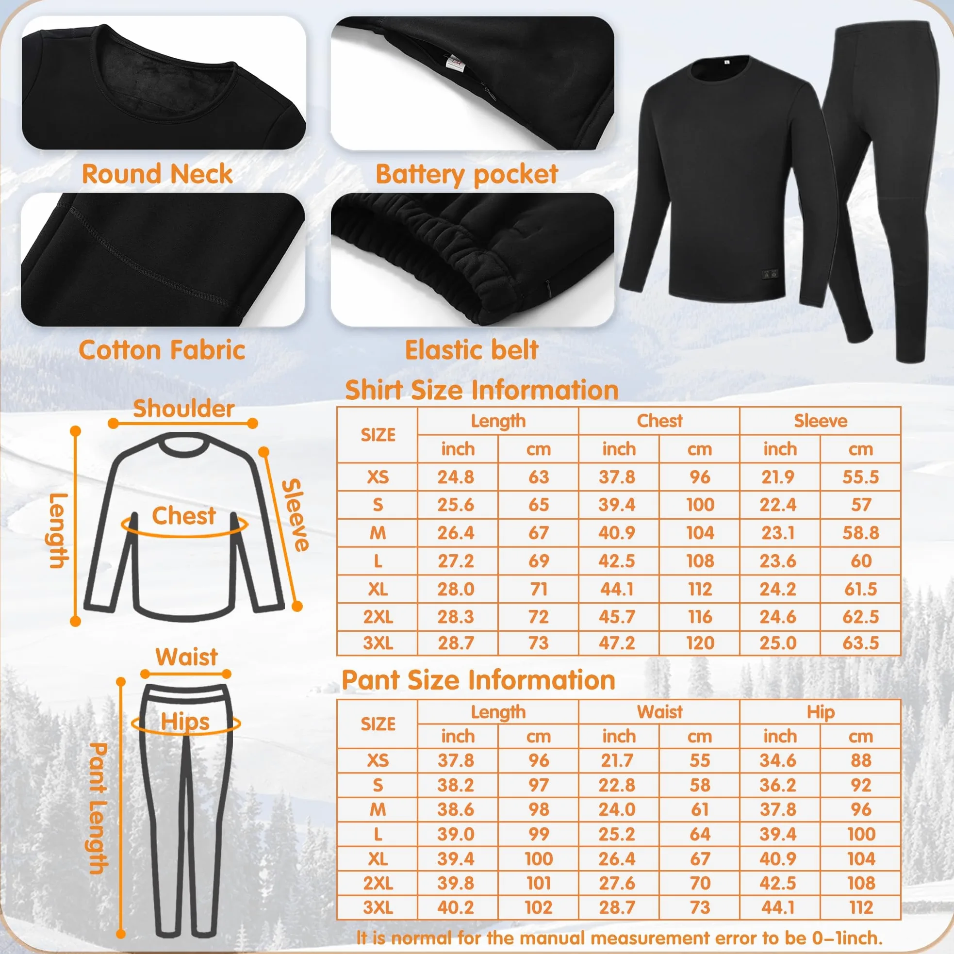 Ropa Interior de calefacción para Hombres, Recargable calentado Largo John Conjunto Forrado Polar Caza térmica Camiseta y pantalón