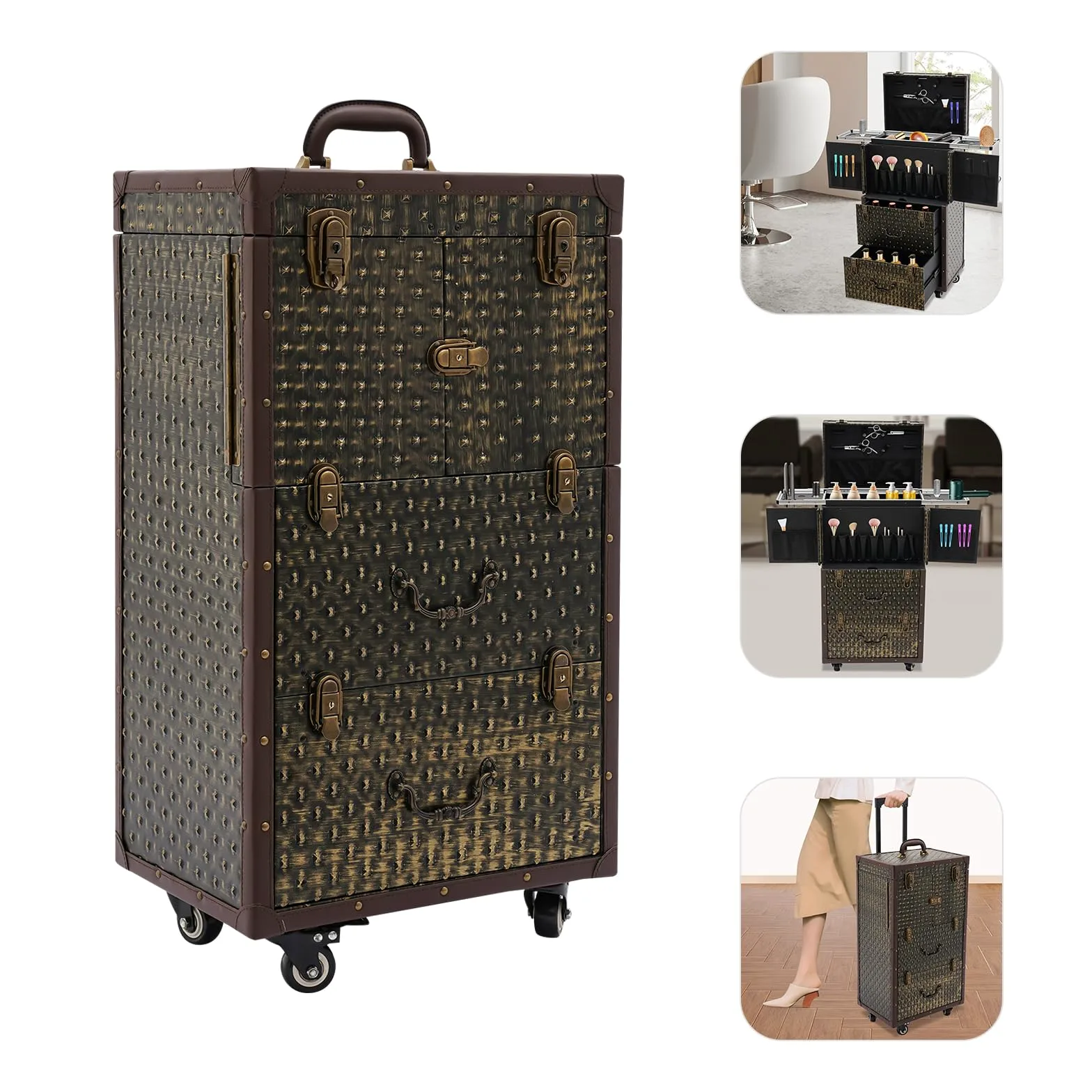 Equipaje Cosmético Tren Cosmético Equipaje de Salón de Belleza, Estuche de Tren de Maquillaje con Ruedas y Cerradura Carrito de Peluquería Estilista Salón de Belleza Equipaje Cos