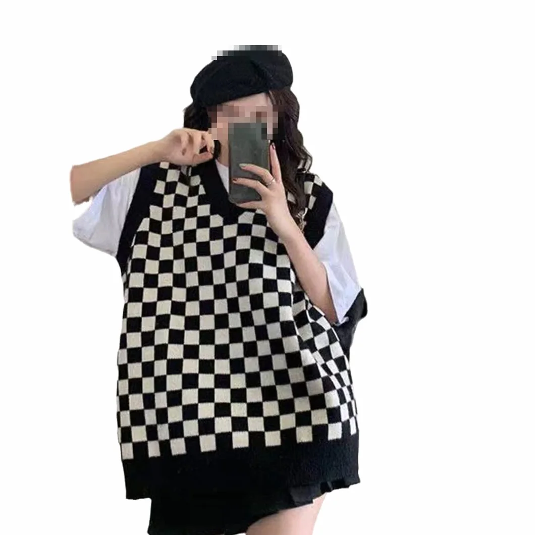 Suéteres Básicos Sin Mangas con Cuello En V Y Estampado A Cuadros De Talla Grande para Mujer