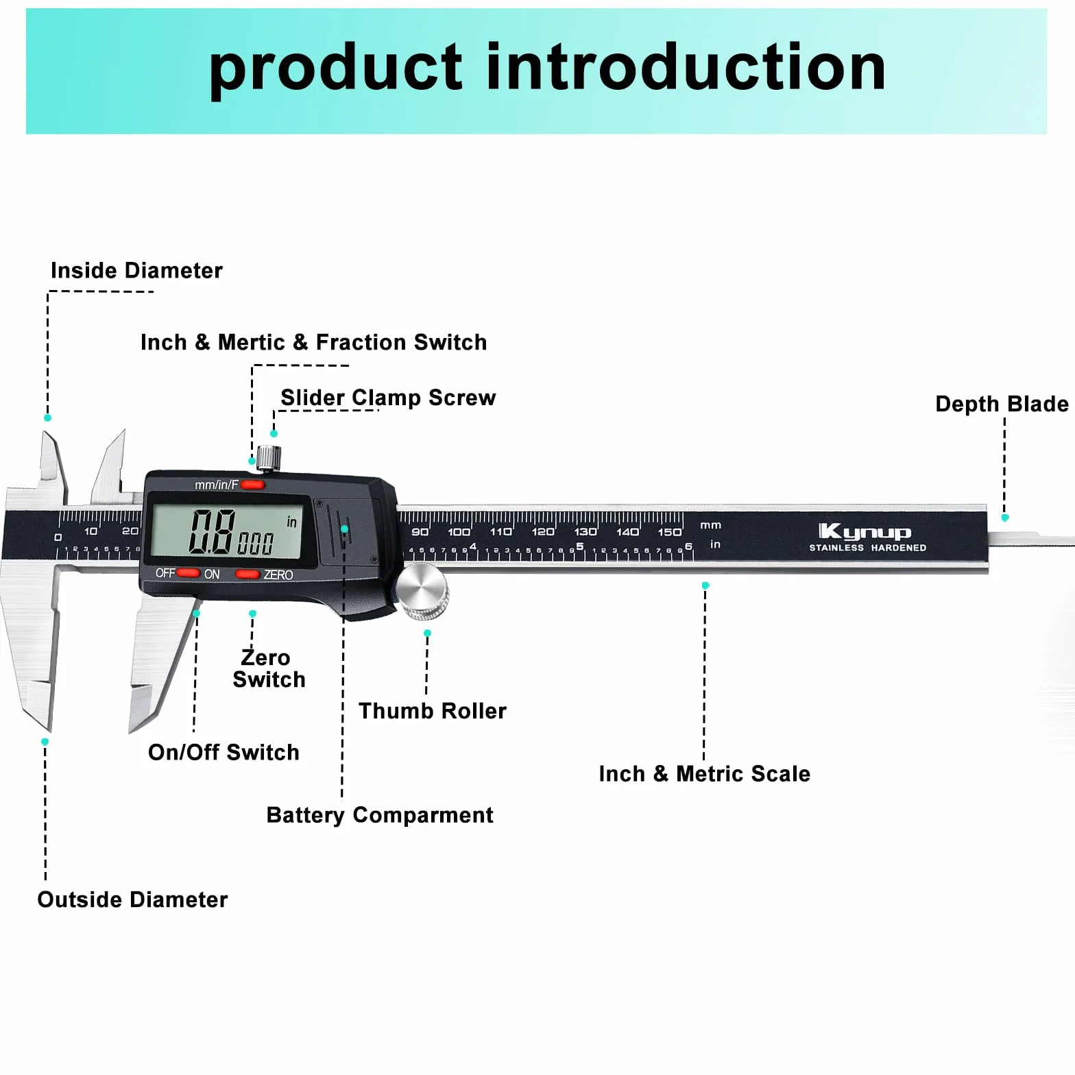 Kynup Calibre Digital Acero Inoxidable 150mm/6 Pulgadas, Pie de Rey Profesional con Pantalla LCD, Precisión 0.01mm