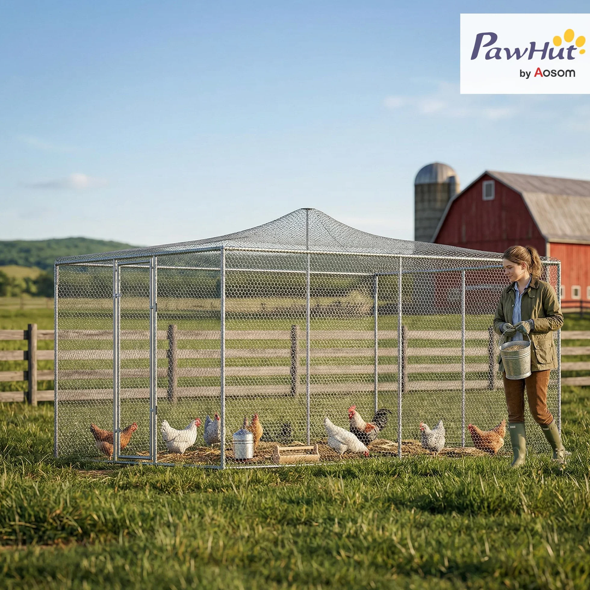 PawHut Gallinero Exterior Grande 4x3x1,97 m 12 m² Acero Galvanizado Puerta Doble Cierre Red PE Resistente Intemperie Walk-In