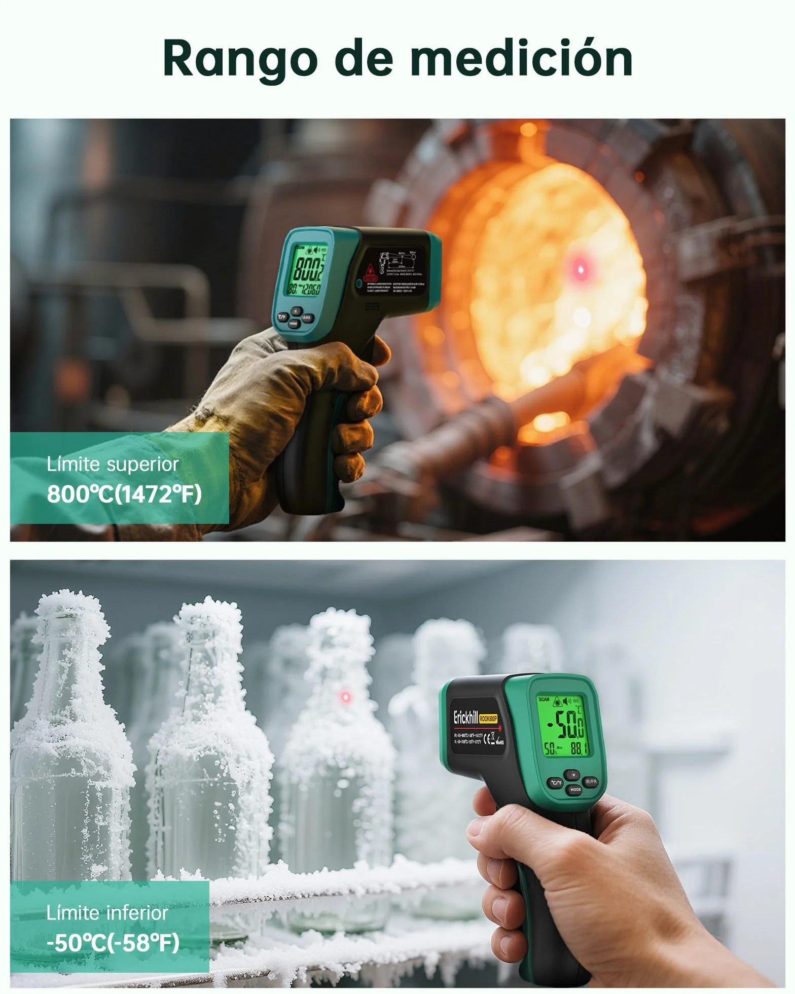 ERICKHILL Termómetro infrarrojo -50°C a 800°C, láser digital sin contacto, sonda de carne -50°C a 300°C, emisividad ajustable
