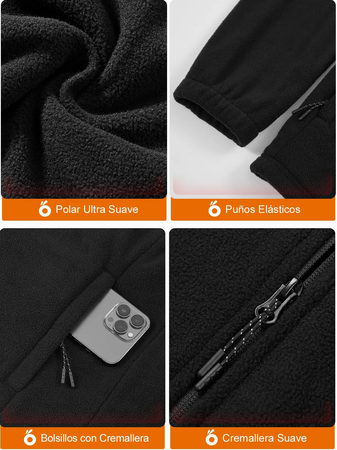 UNBON Chaqueta Calefactable Hombre con Batería USB 10000mAH, Chaqueta con Calefacción Hombre Polar Termica con 3 Temperaturas 6 Zonas de Calor, Abrigo Cazadora Calefactable Para Moto Trabajo Negro S