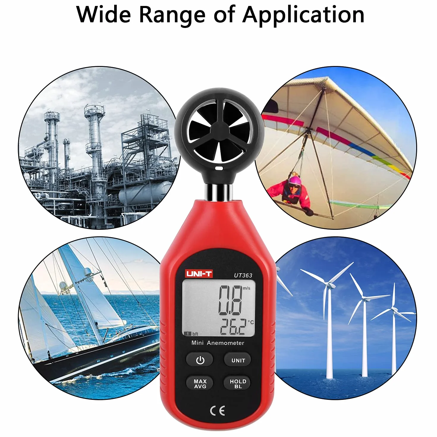 UNI-T UT363 Anemómetro Digital Portátil Pantalla LCD Medidor Velocidad Viento Aire