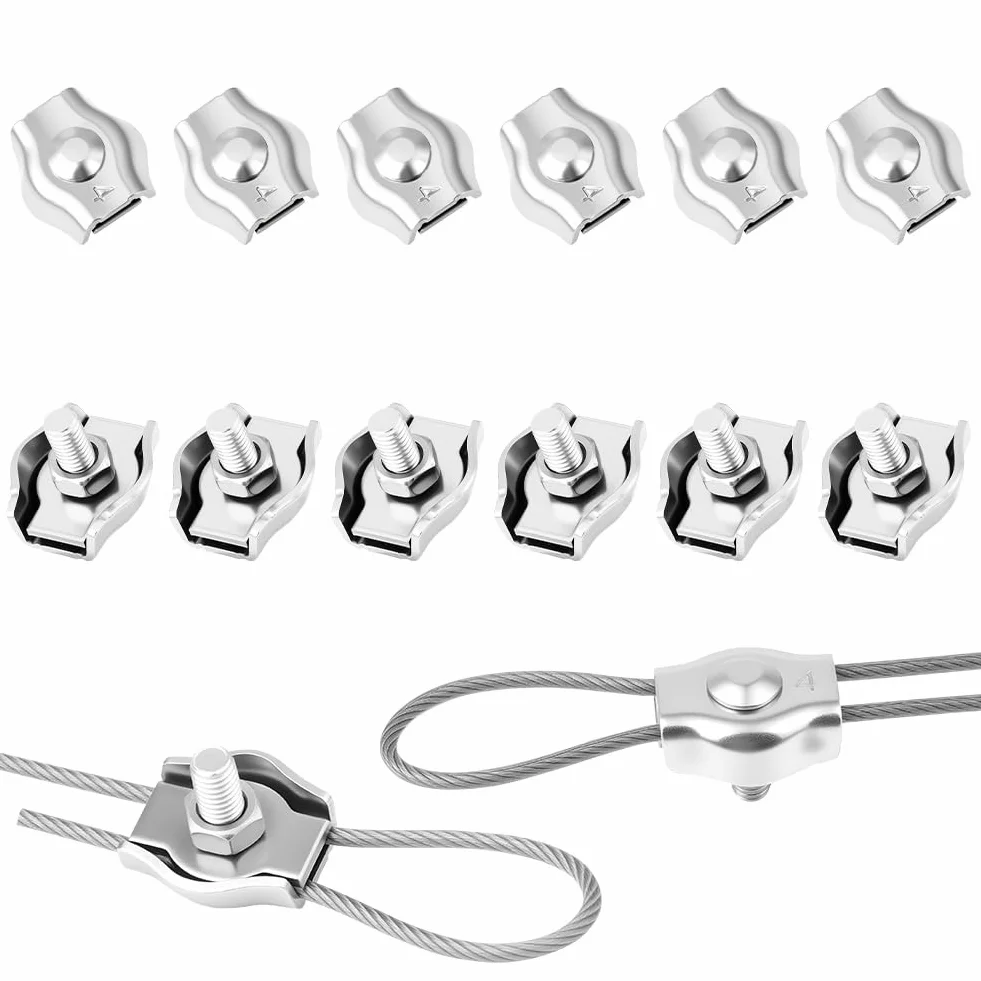 Flintronic Abrazadera de Cuerda de Alambre M2, 12 Piezas, Abrazadera de Cable de Acero Inoxidable 304, Clip Símplex para Cable de 2 mm