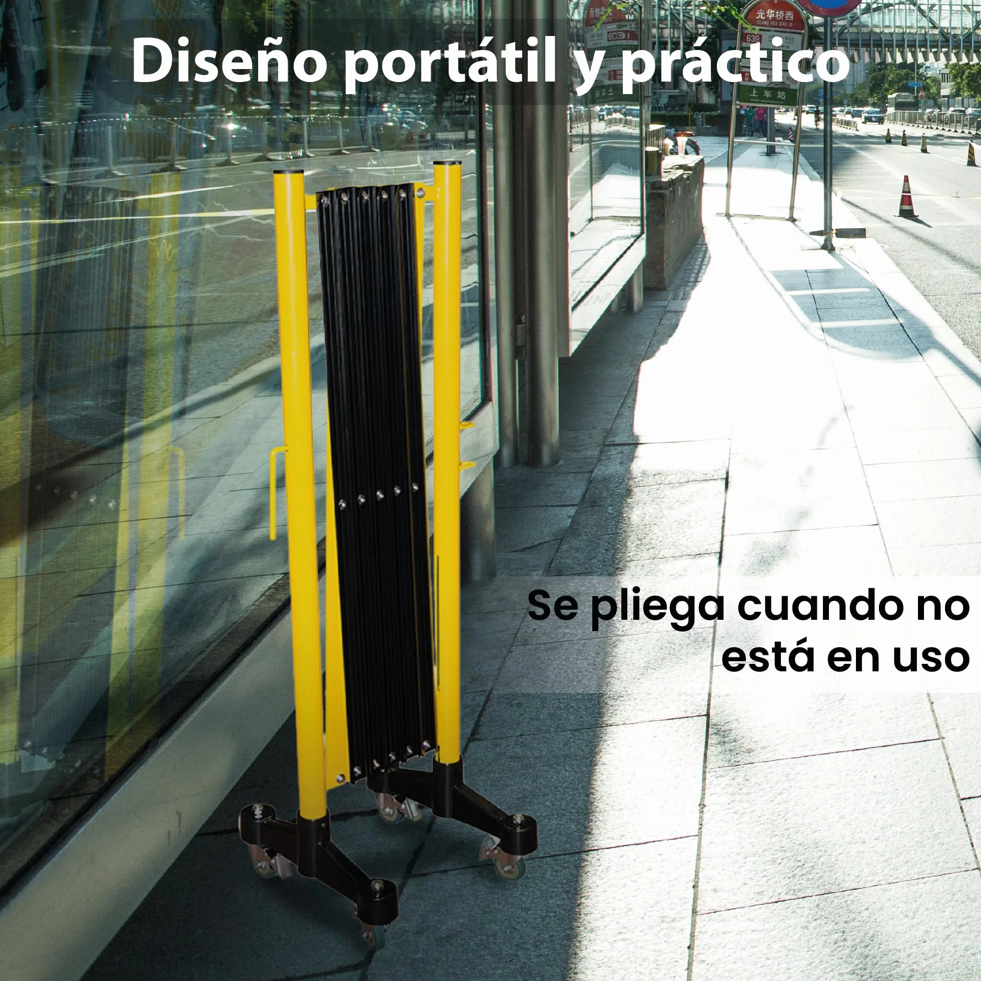 Barricada Extensible 3m con Ruedas Freno Vallas Obra Barrera Metálica Portátil Seguridad Construcción Negro/Amarillo