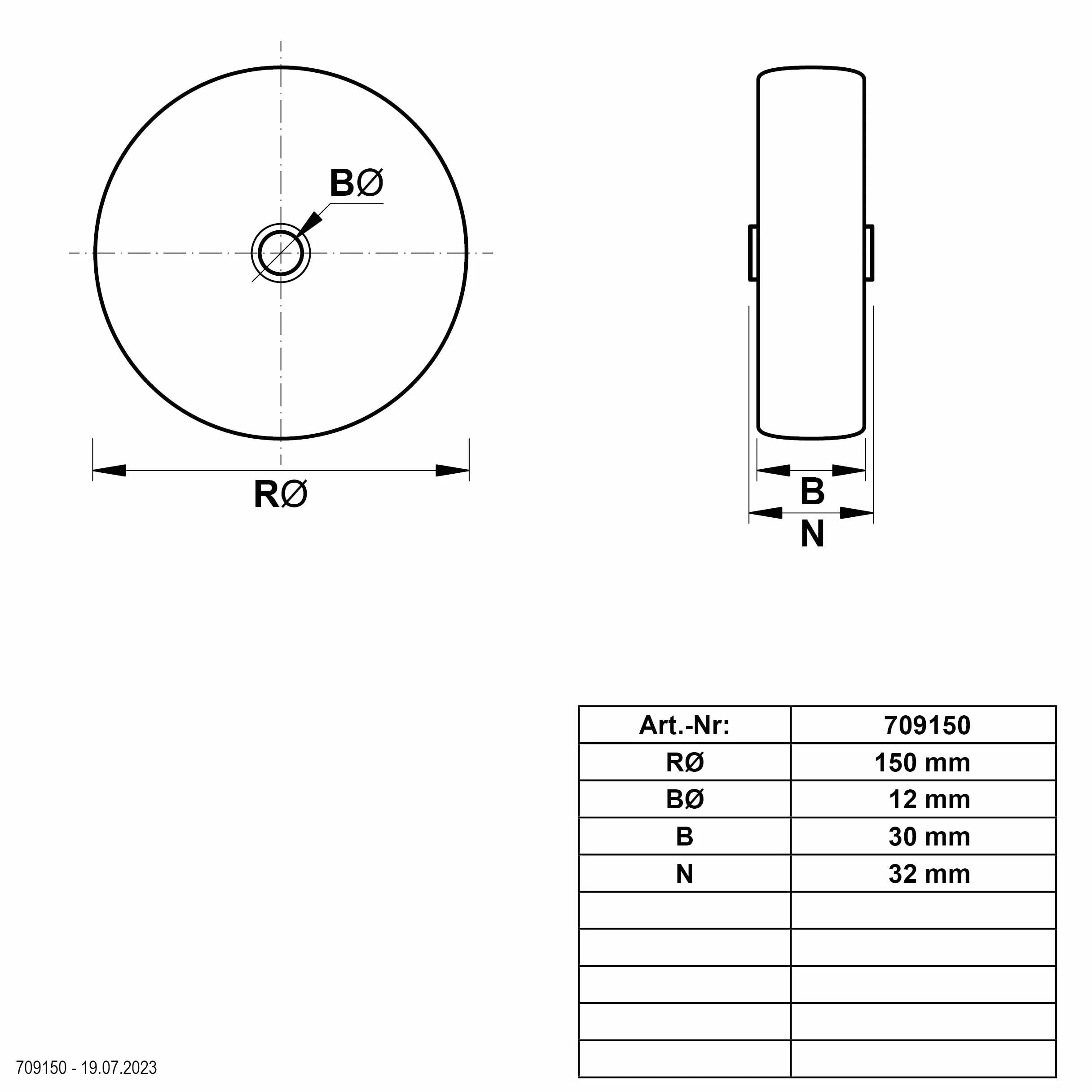 Dörner + Helmer Rueda de PVC 150 mm x 30 mm, capacidad de carga 25 kg, buje 32 mm, rodamientos deslizantes