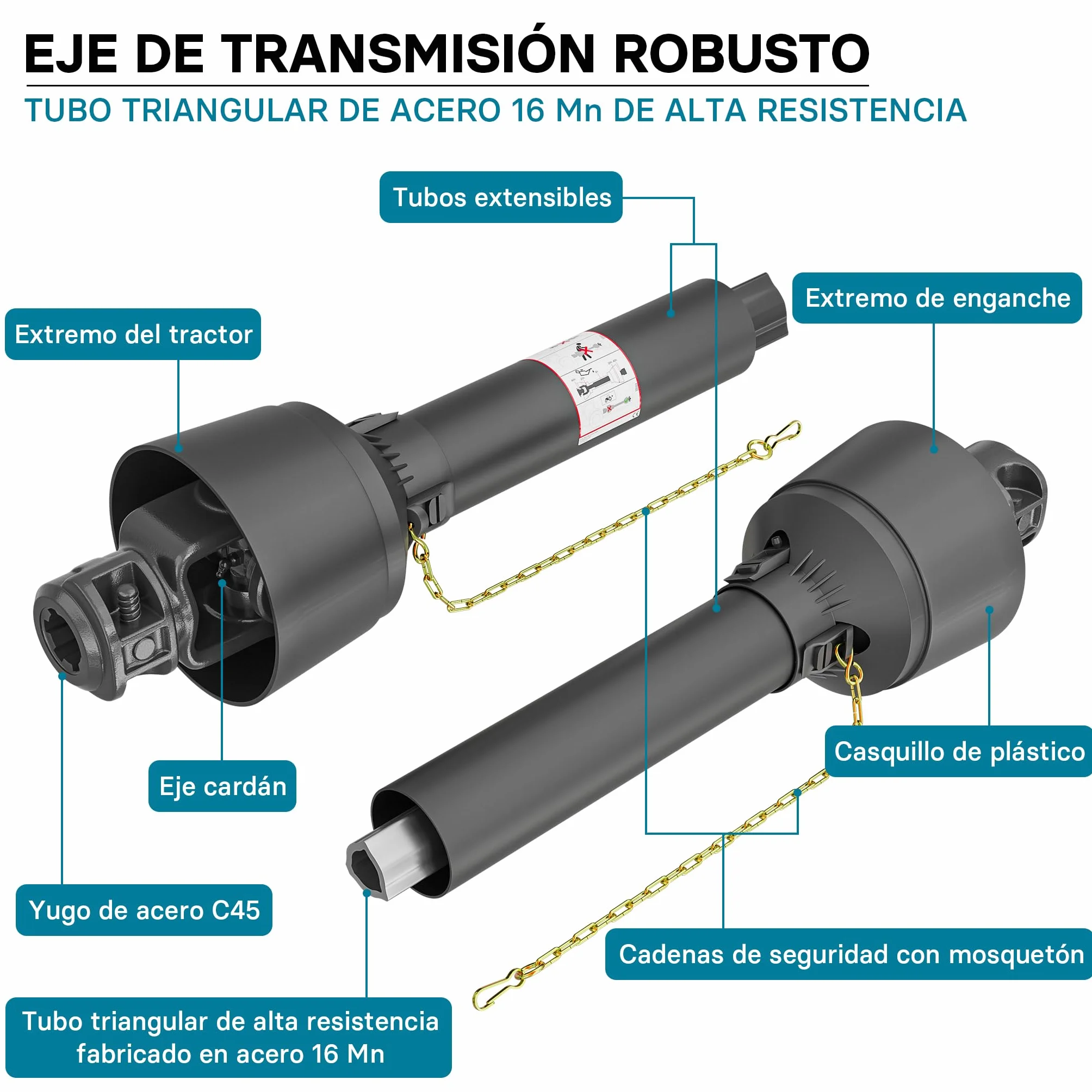WilTec Toma de Fuerza T5 Eje transmisión cardán 1800-1980mm 620Nm 540rpm PTO 54kW 74CV 2X 1 3/8" 6 dientes