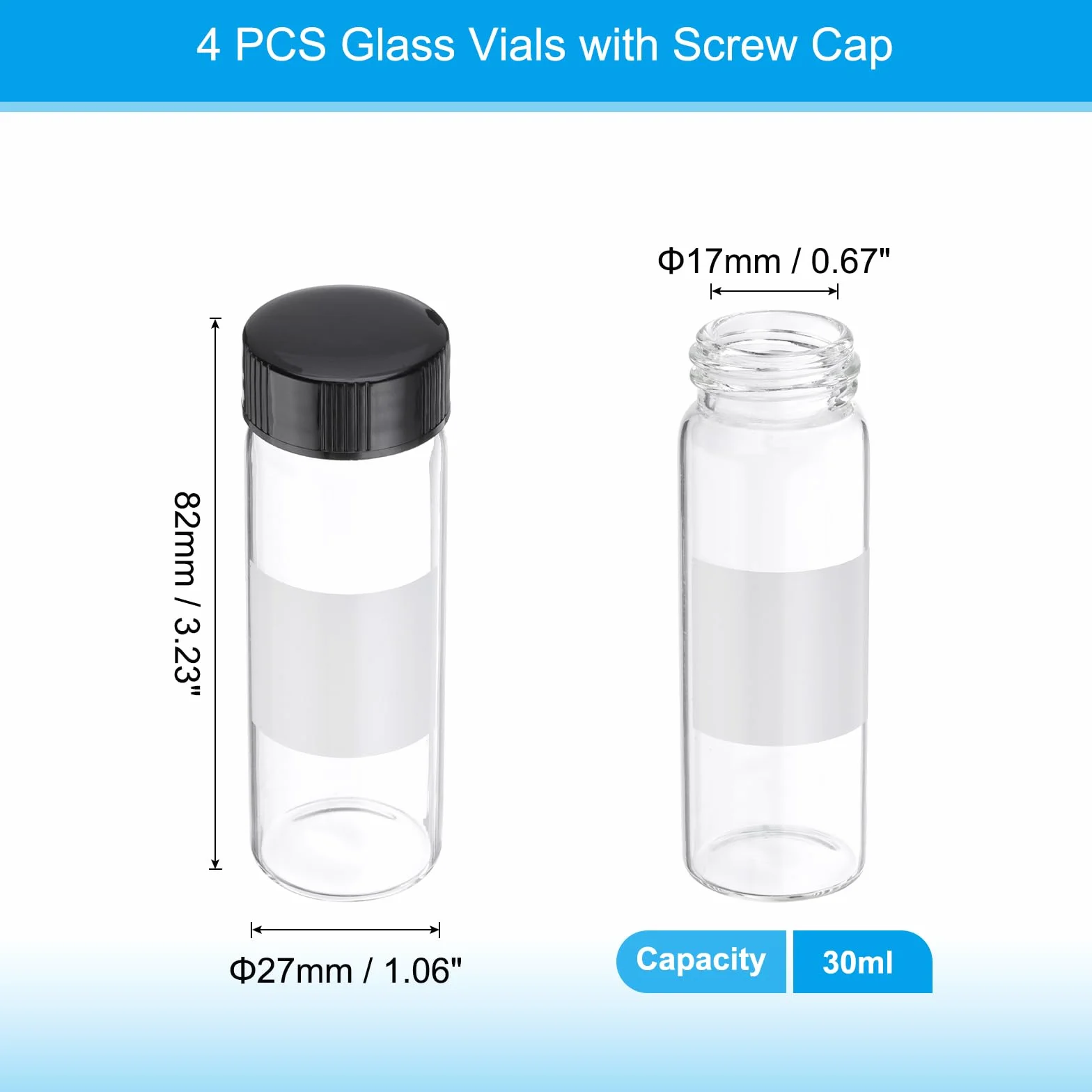 PATIKIL 4pcs 30ml Viales de Vidrio Transparente con Tapa de Rosca Negra, Botellas de Muestra de Vidrio Borosilicato