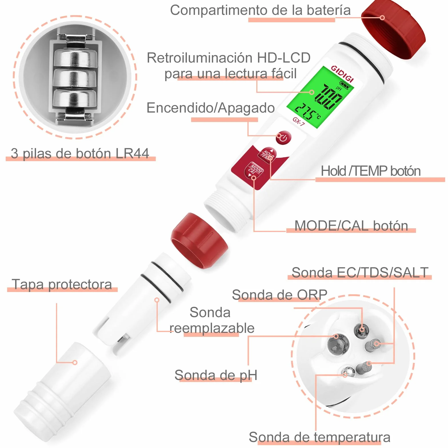Medidor de Cloro y pH Digital 7 en 1, Comprobador de Piscina, ORP Cloro Sal EC PPM TDS