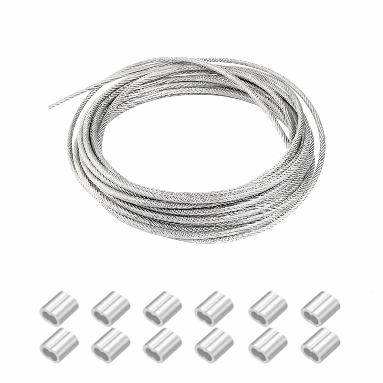 Set Cable Acero Inoxidable 7x7 20m x 3mm Cubierto PVC, Kit con 12 Arandelas Aluminio Doble Ojal 3mm
