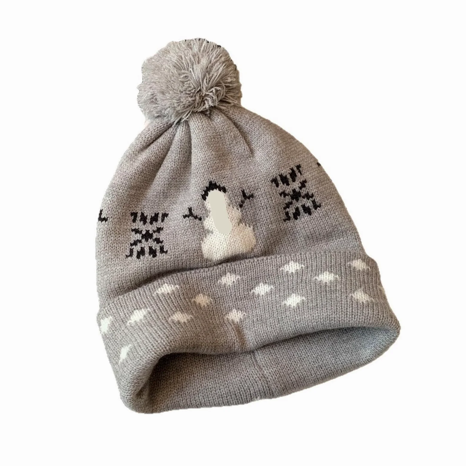 Conjunto de invierno con gorro y bufanda punto protección for los oídos | Gris simple con bolas de pelo con protección for los oídos.