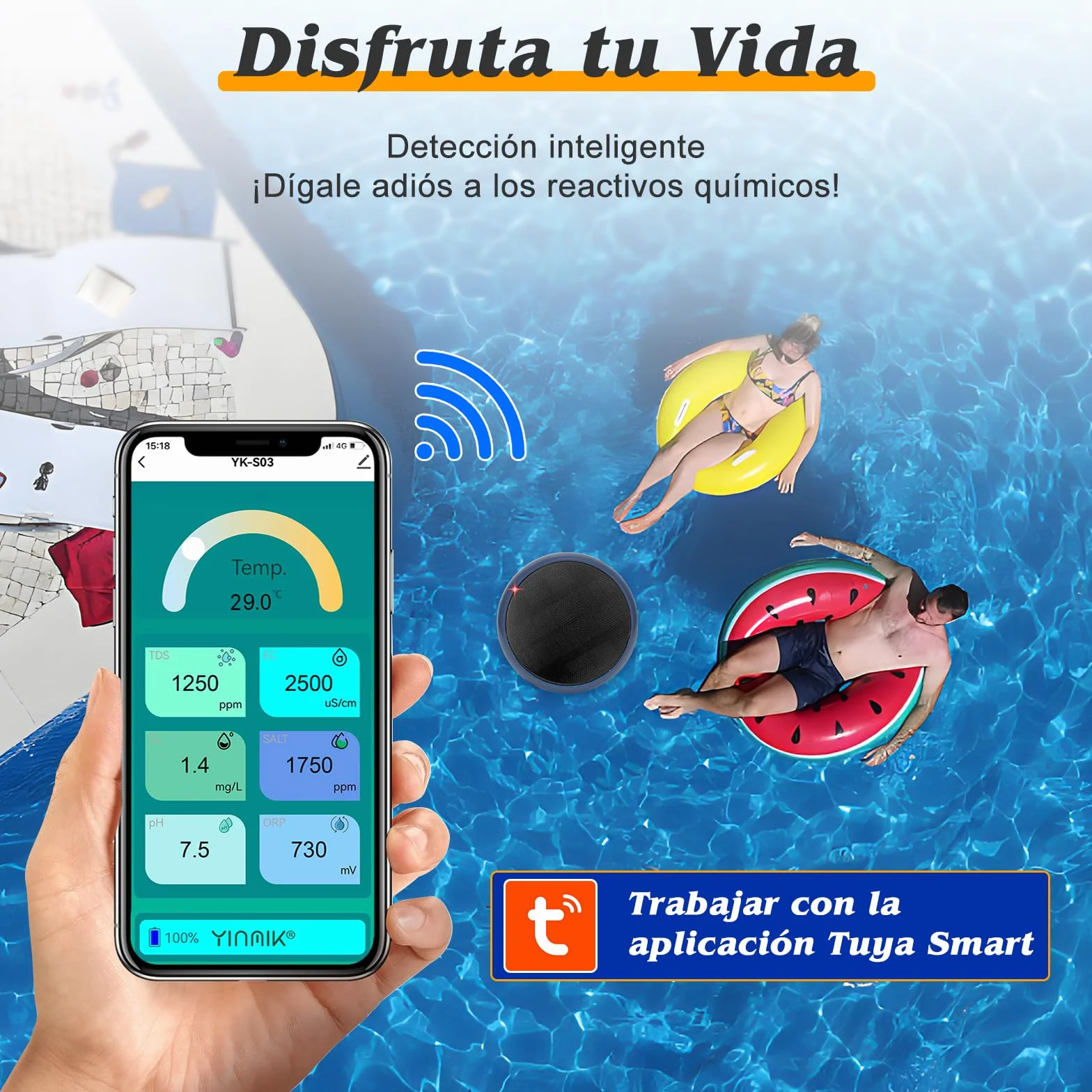 Medidor Cloro y pH Piscinas WiFi, Analizador Inteligente 7 en 1 Agua Piscina Salina, Mide pH, Cloro Residual, Sal, ORP, EC TDS, Temp con Carga Solar