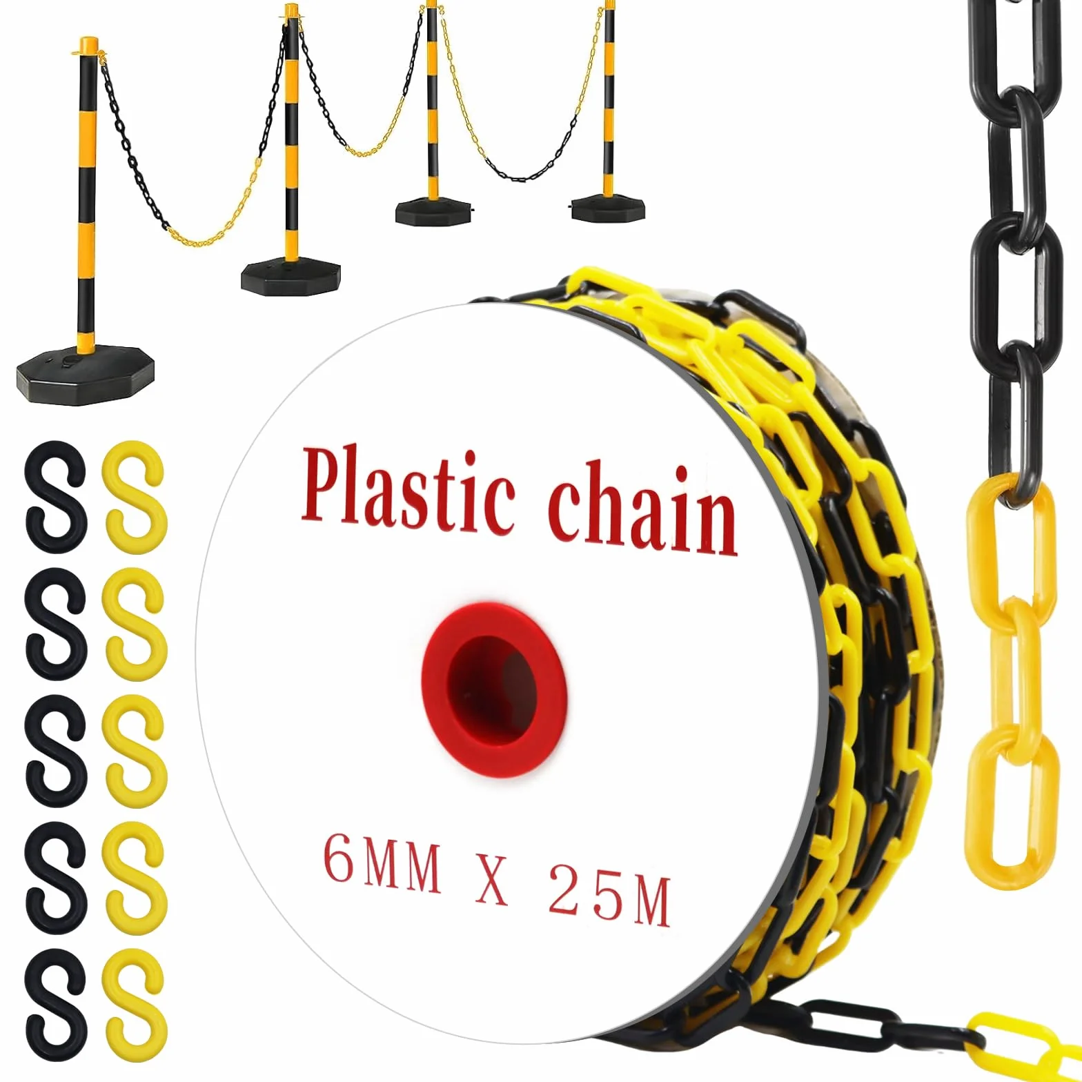 Cadena de Plástico Barrera Ø6mm Negro y Amarillo 25m con 10 Ganchos en S