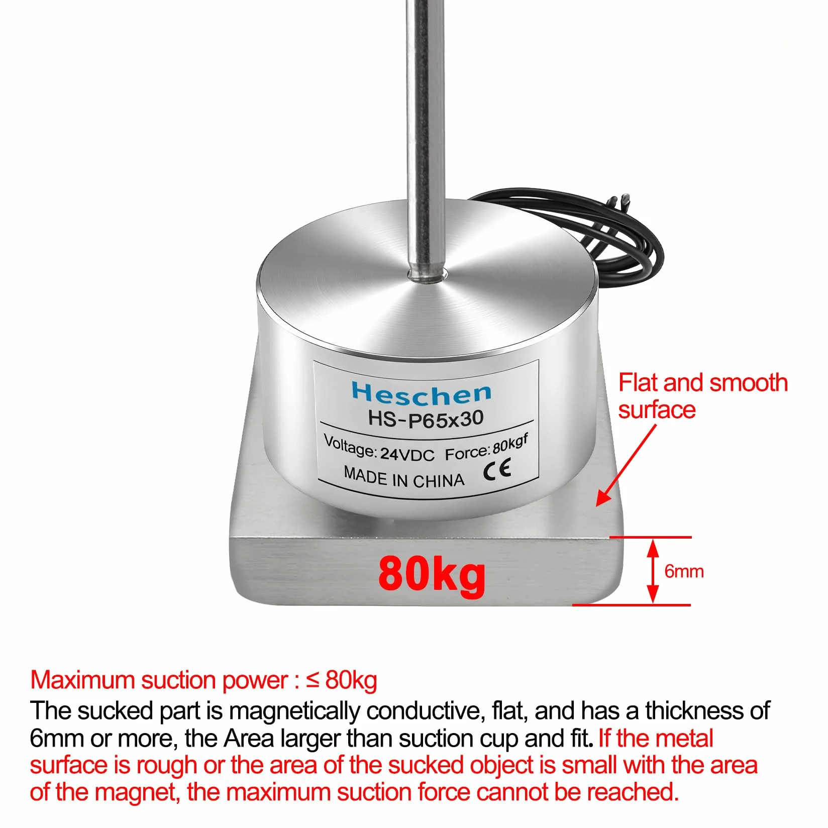 Heschen Electroimán P65/30 24V CC 80kg Atracción Plateado Cilíndrico