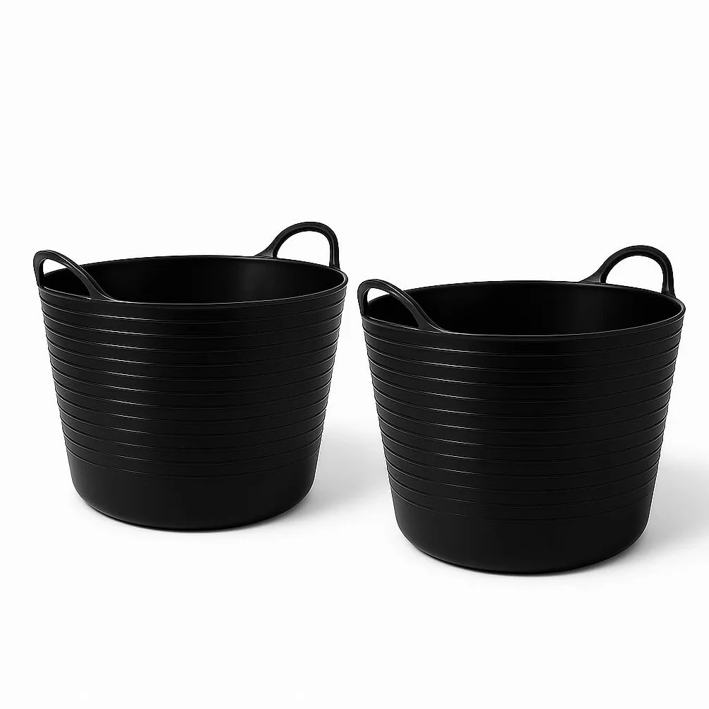 TUKA Pack de 2 Capazos de Plástico 42L Negro Profesional Resistente Multiusos