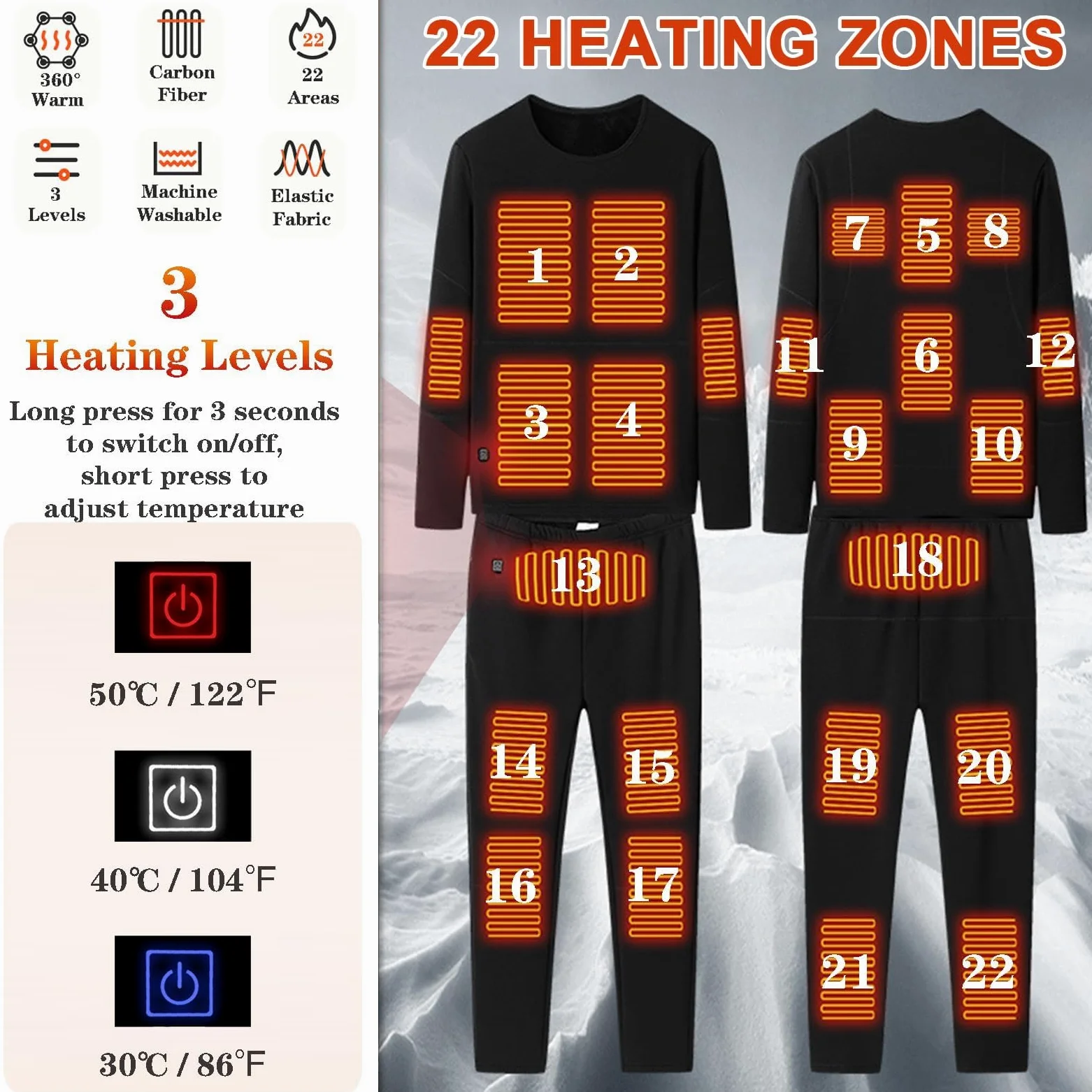 Conjunto De Ropa Interior Térmica Calefactable Para Hombre, Con 22 Zonas De Calefacción Inteligentes Y Elásticos, Compatible Con USB, Para Caza, Pasear Al Perro Y Palear(Negro,4XL)