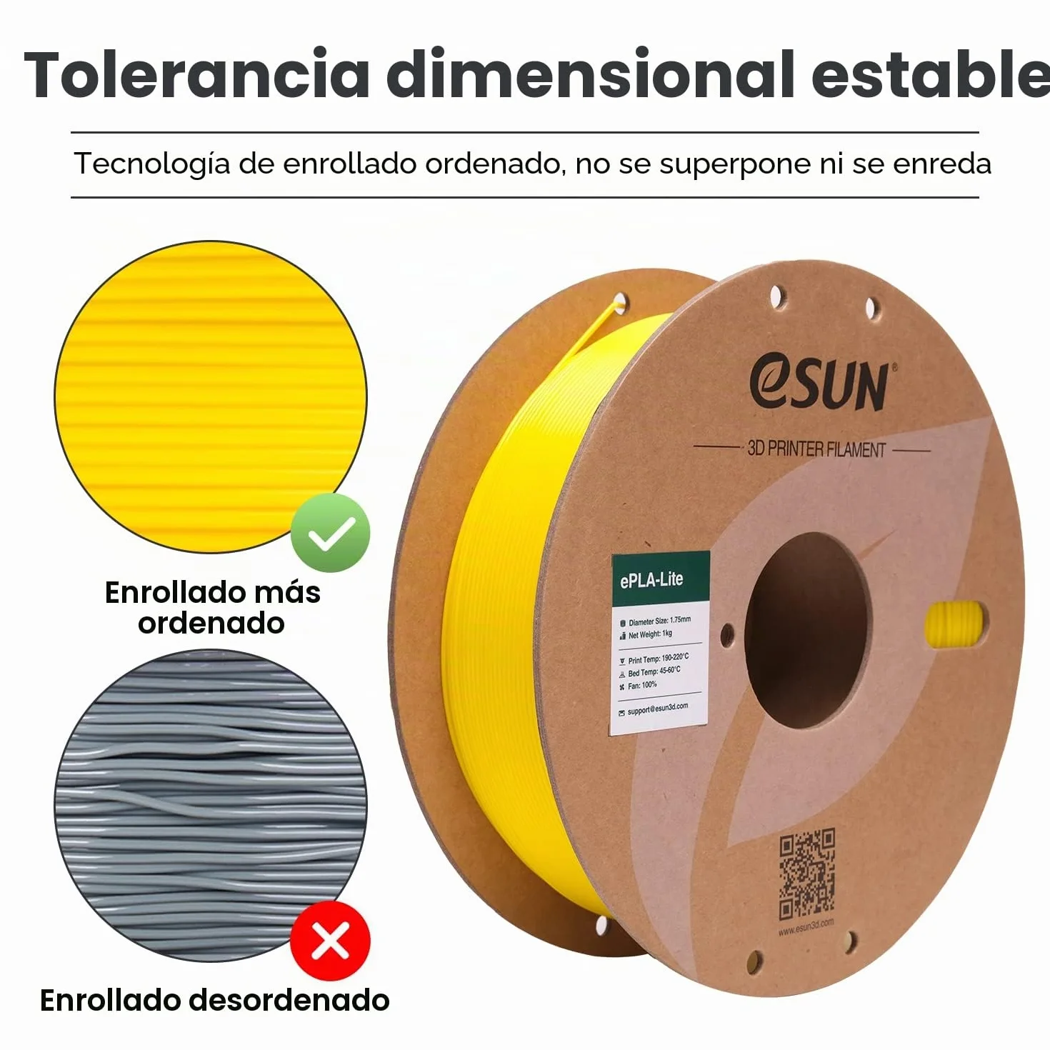 eSUN Filamento PLA 1.75mm 1KG Carrete Precisión Dimensional +/- 0.03mm Amarillo