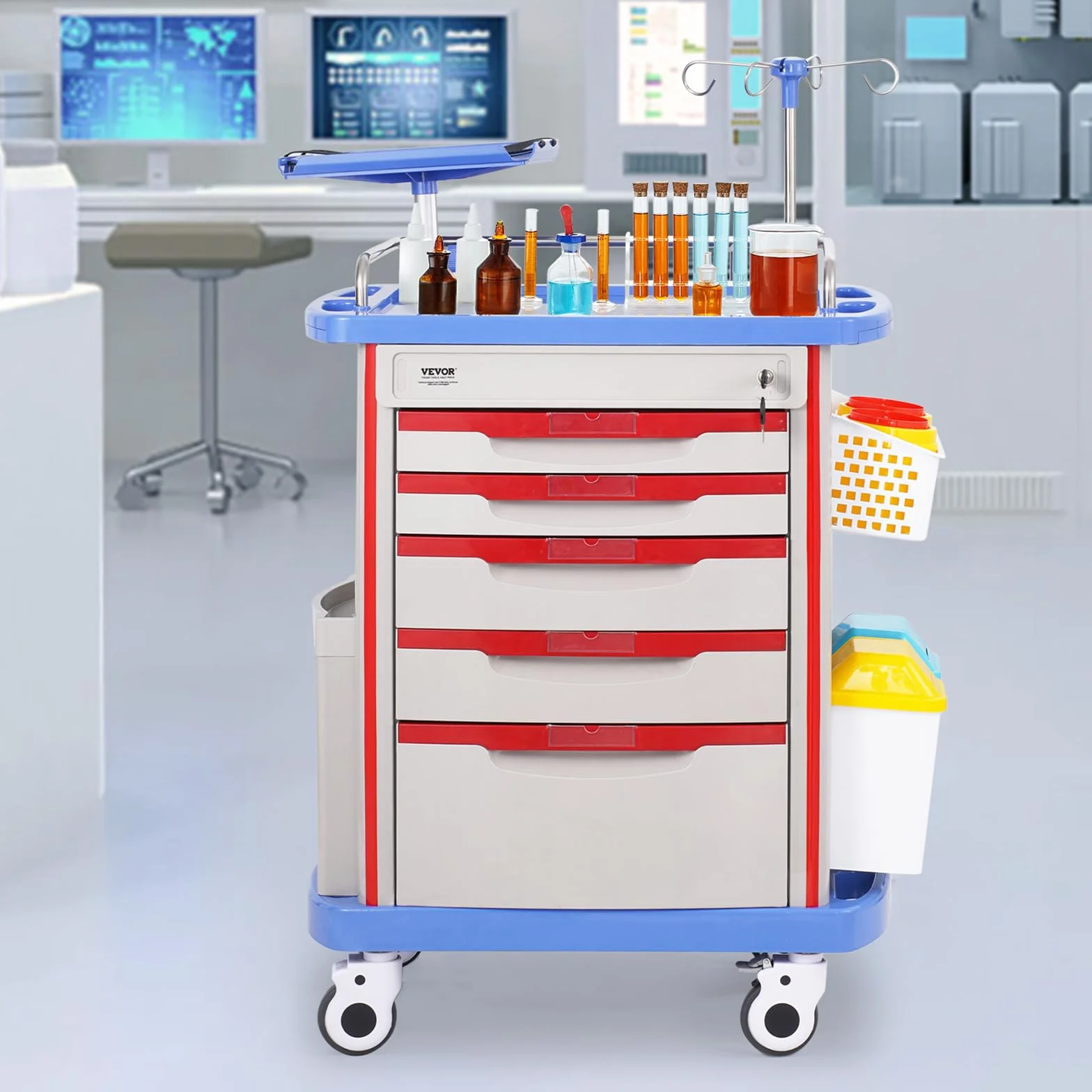VEVOR Carro de Laboratorio de 5 Niveles Médico con 5 Cajones y 4 Ruedas Silenciosas Móvil PP Azul