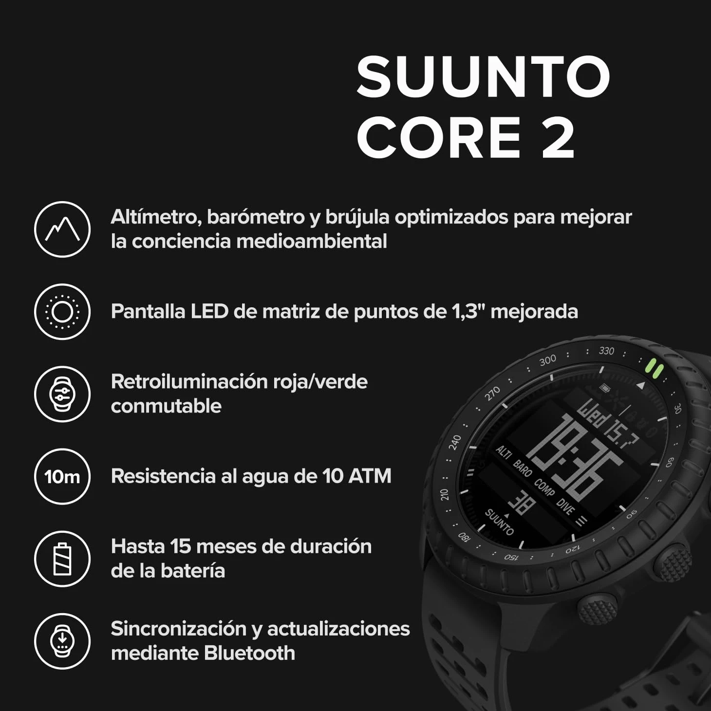 Suunto Core 2 Reloj Outdoor, 10 ATM Resistente al Agua, batería 15 Meses | Altímetro, Barómetro, Brújula, Alarma de tormenta, Retroiluminación roja/verde, Seguimiento de pasos, App SUUNTO, Negro