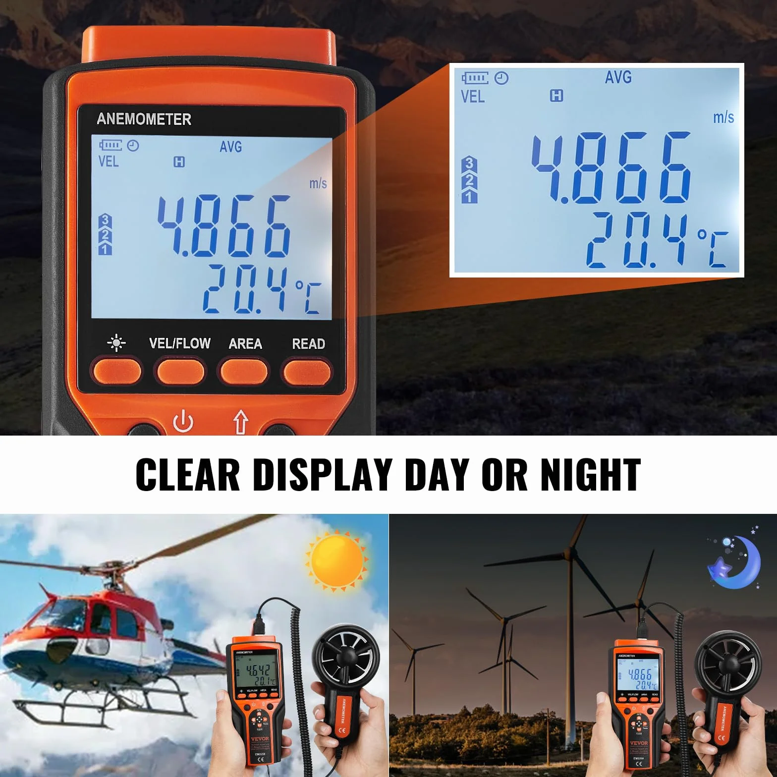 VEVOR Anemómetro Portátil Digital con Pantalla LED Medidor Velocidad Viento CFM -10~60°C para HVAC Drones Navegar