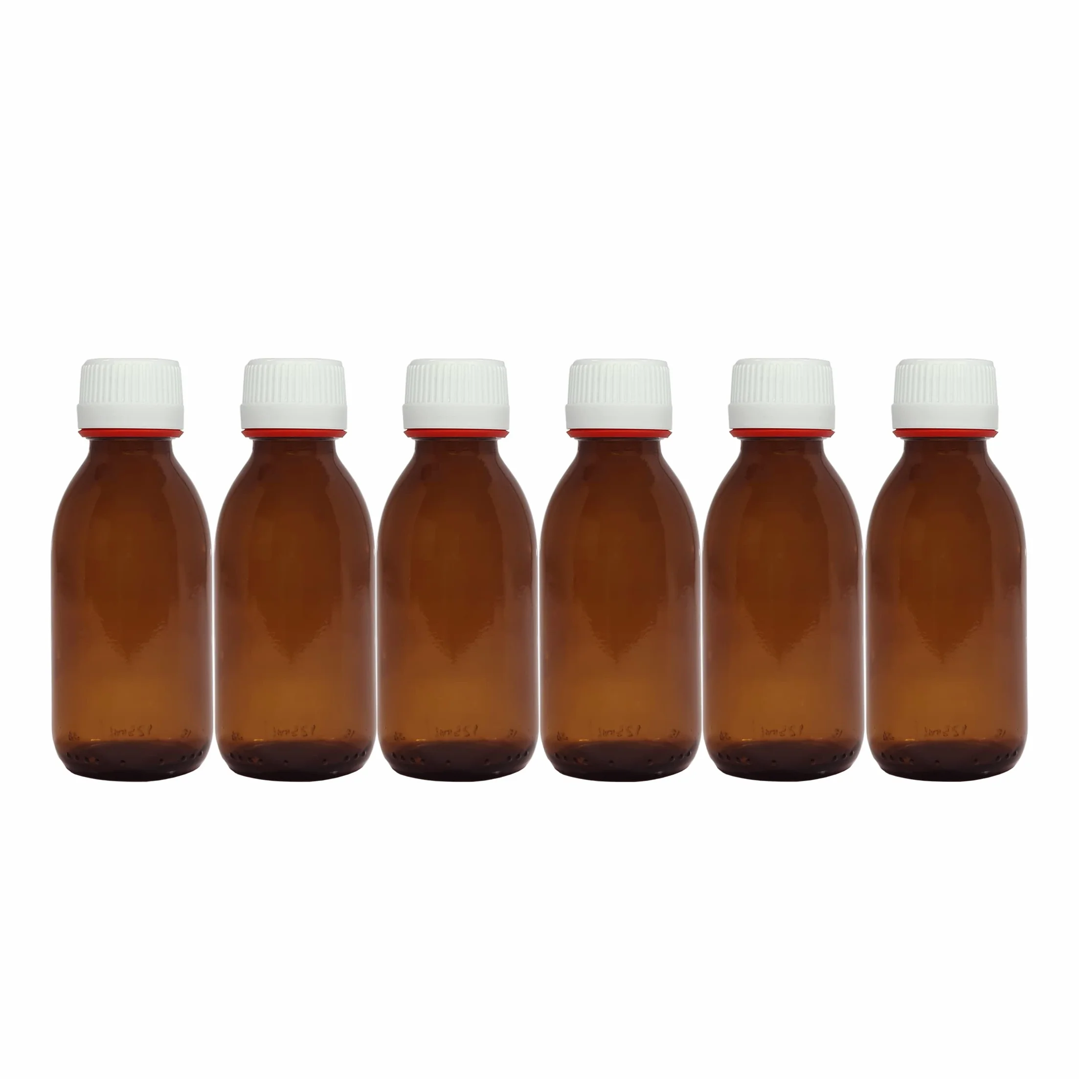 Botella de vidrio ámbar 125 ml con tapón a rosca y precinto - 6 unidades