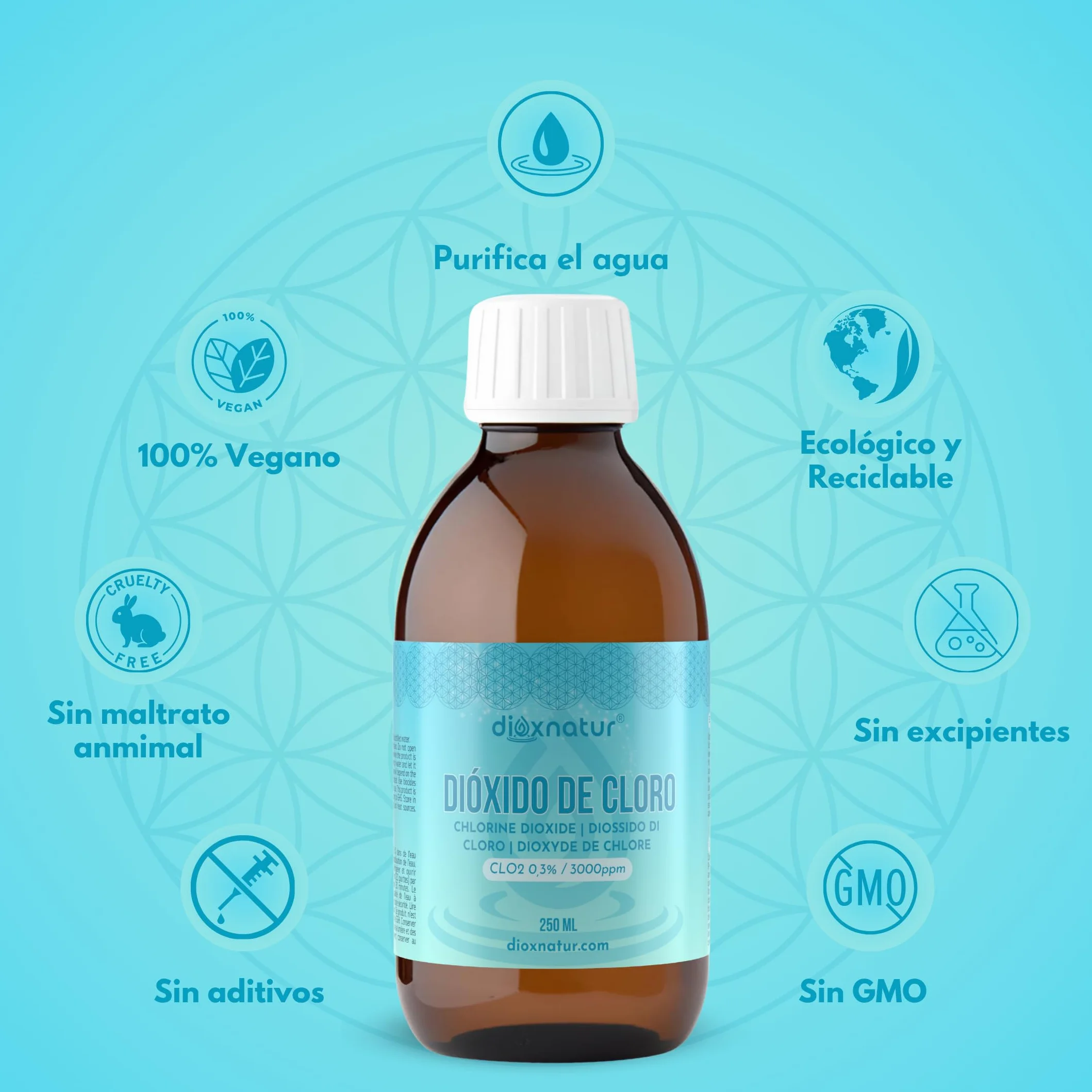 Dióxido de Cloro 3000 ppm 250 ml CDS Fabricado en España Botella de Vidrio