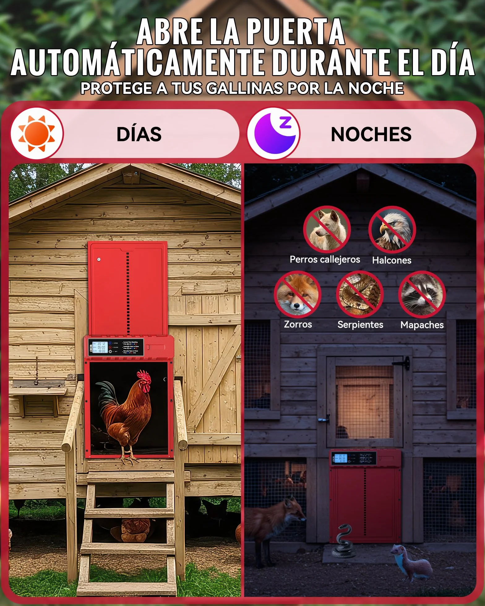 Puerta Gallinero Automatica Solar Roja con 3 Modos, Proteccion contra Pinchazos, Aluminio Resistente a la Intemperie