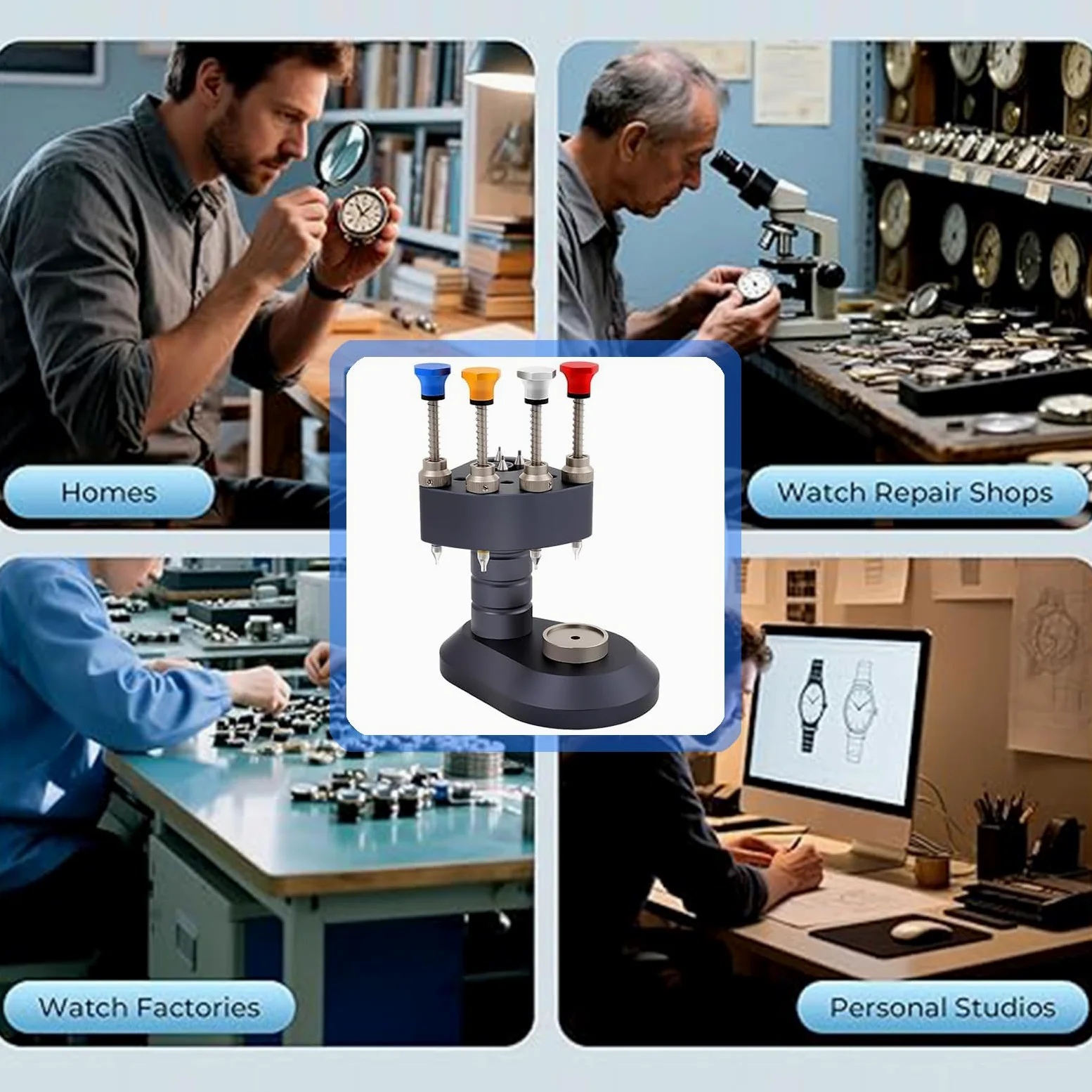 Prensador de mano profesional de 4 pines para reloj, 8 agujas con boquillas de acero para reparaciones precisas de relojeros, herramienta de instalación manual profesional
