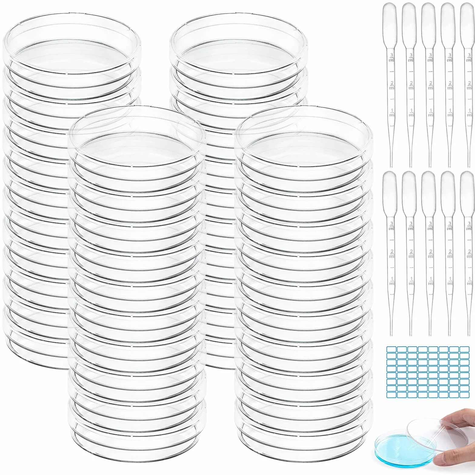 Placas de Petri 55 x 13 mm Plástico Estéril con Tapa 10 Goteros 1 Pegatina para Cultivo de Laboratorio