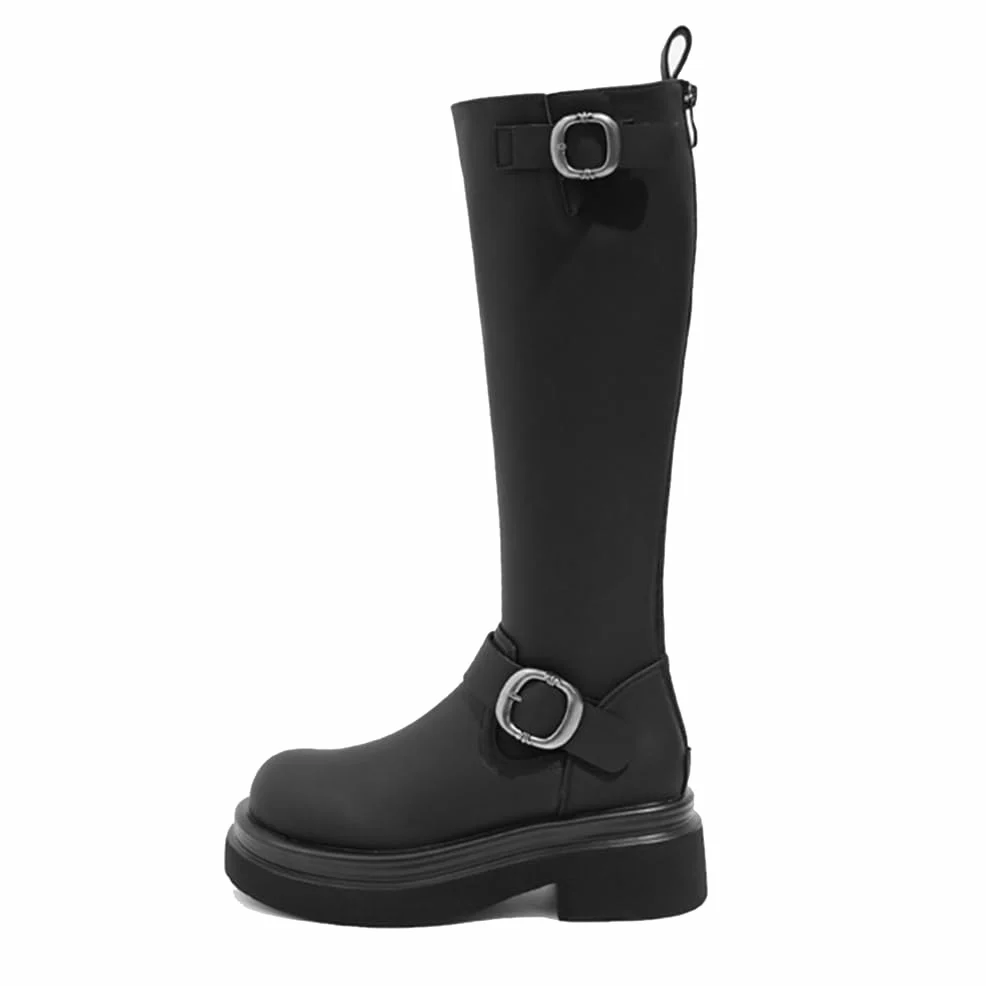 Botas De Montar Mujer Tacón Grueso Punta Redonda A Media Pantorrilla para Otoño Invierno Exterior Y Uso Diario Cuero PU Transpirable Forro Cálido