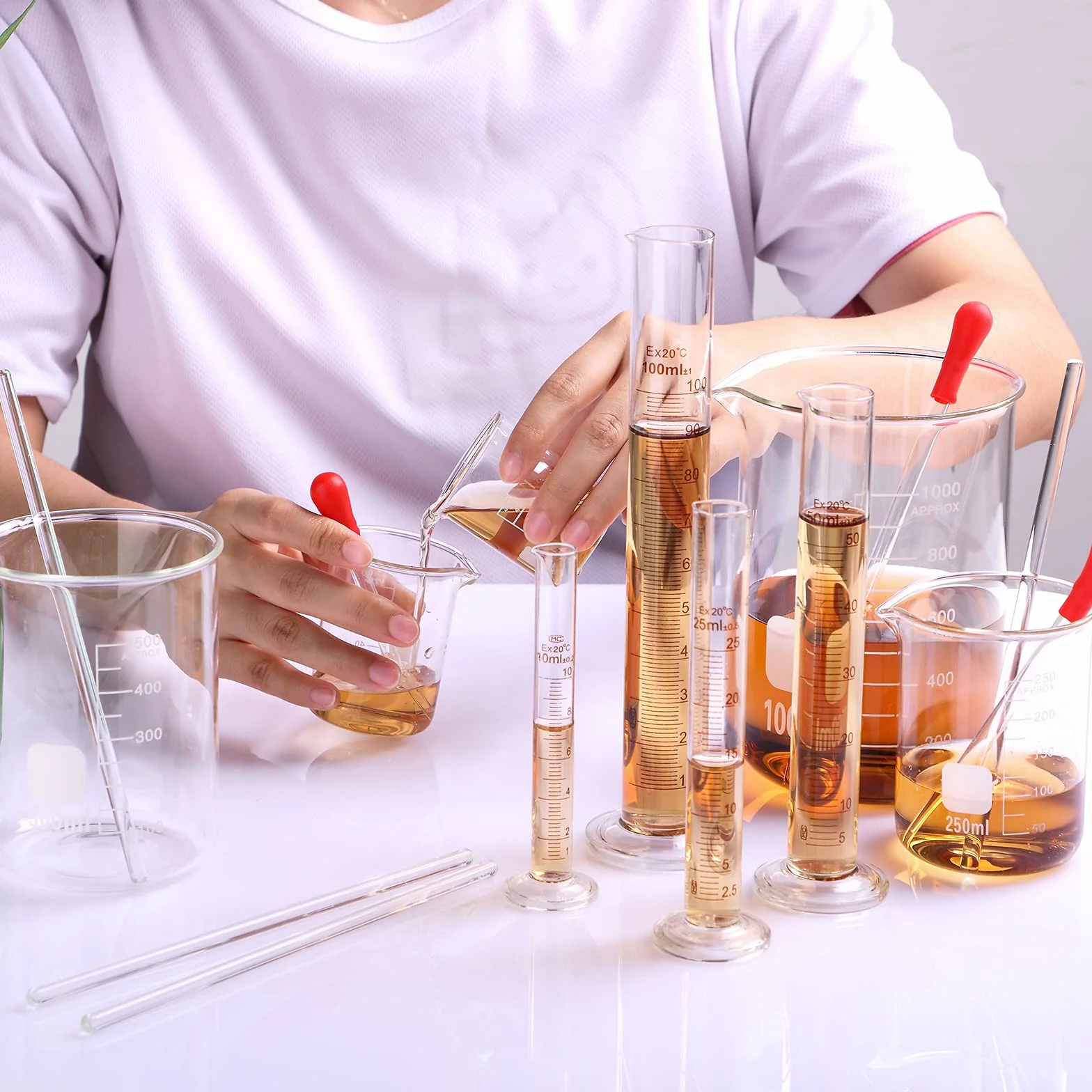 Set Cilindro Graduado Laboratorio 10-100 ml Vaso Precipitado Cristal 50-1000 ml con Goteros Varillas Agitar