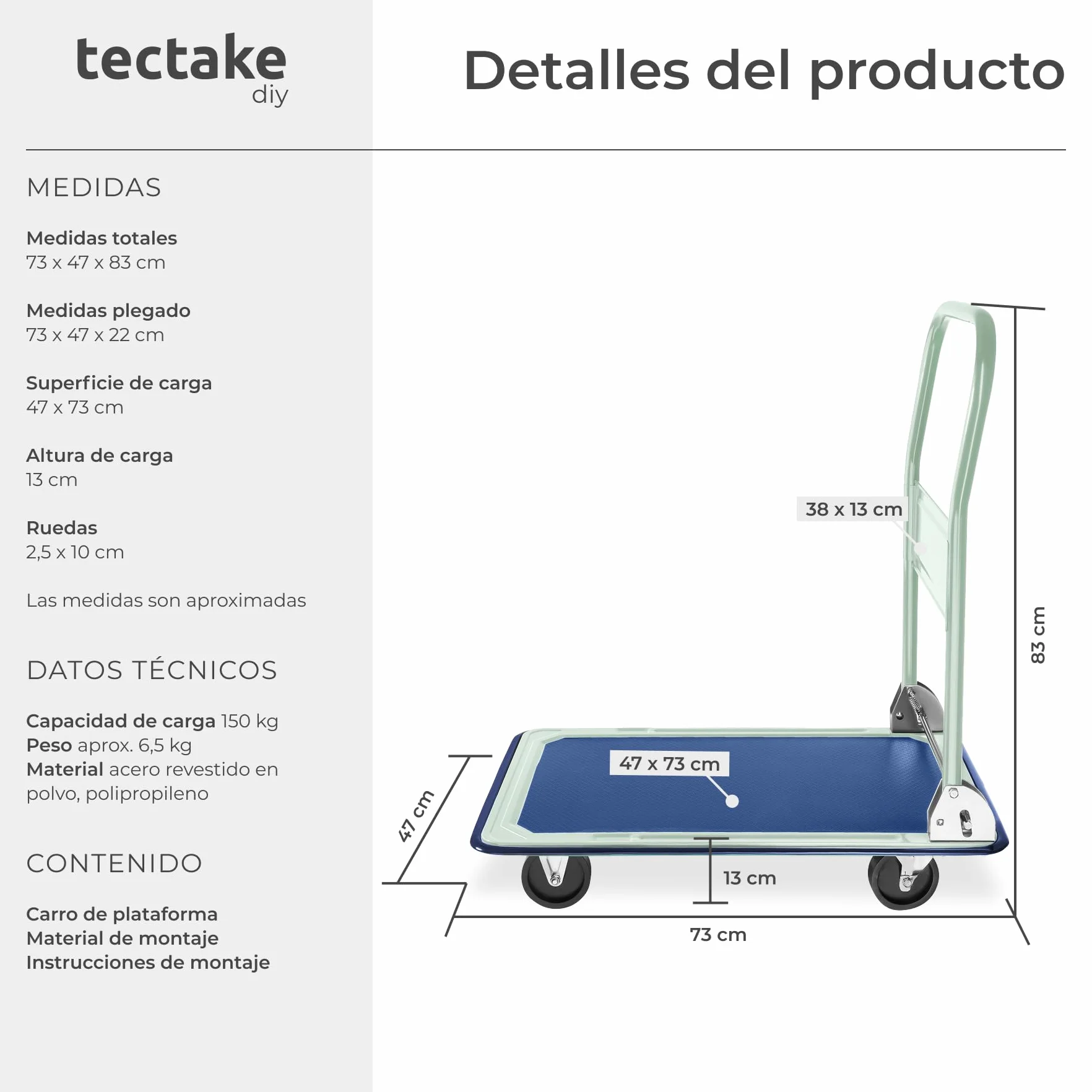 Tectake Carretilla Plegable de Mano 150 Kilos, Carro Transporte con 2 Ruedas Fijas y 2 Giratorias, 73x47x83 cm
