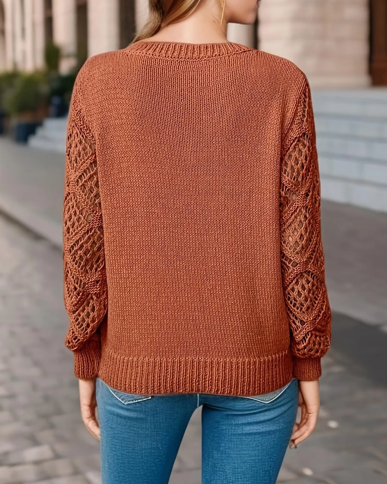 Las Mujeres De Primavera Y OtoñO Hueco De Punto Jumper Pullover De Manga Larga Suelta V-Cuello De Color SóLido Bottoming Tops